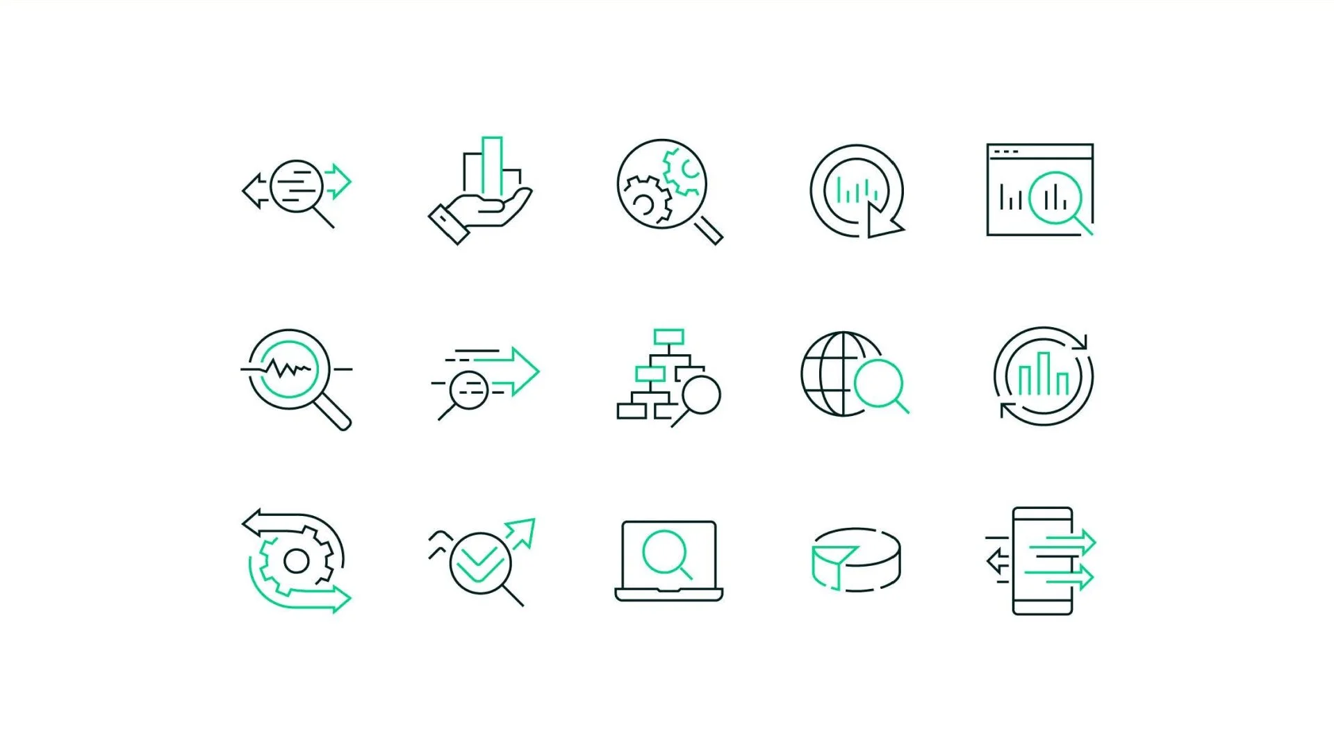 Custom icon set design for private wealth platform covering analytics performance and financial tools