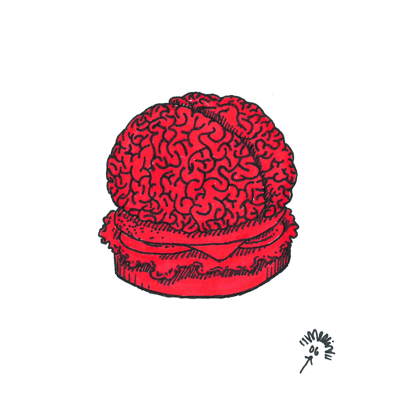 Art Title - Food for thought, Merlin Zuni, Ink line illustration of a red hamburger brain.