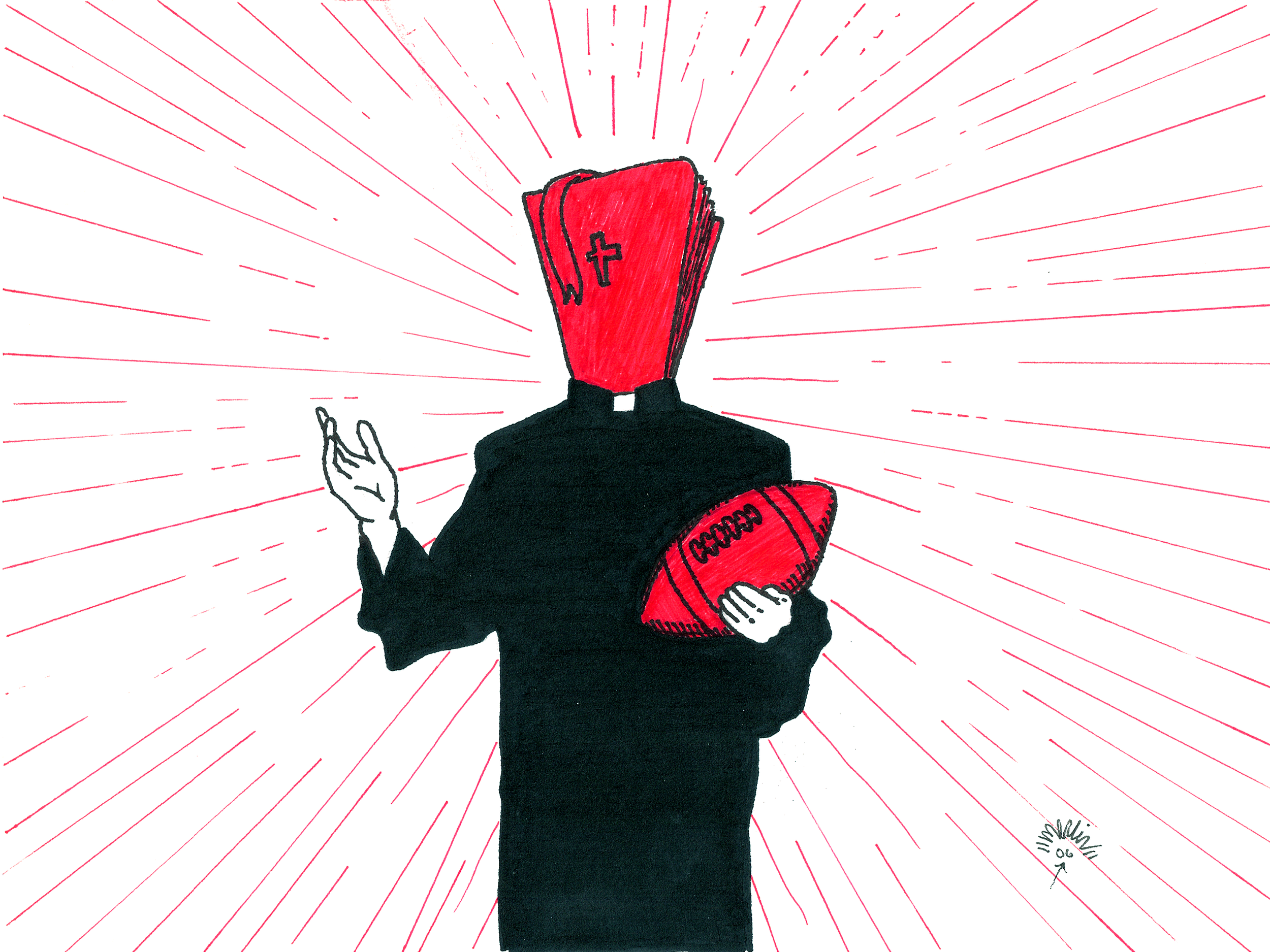 Art Title - God Bless Football, Merlin Zuni, Ink line illustration of a priest holding a red football with the word 'CROSSFIT' written on it, and a bible for a head. Red radiating lines emanate from the figure