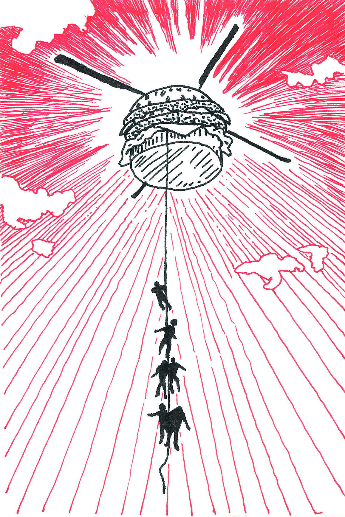 Art Title - Super Troopers, Merlin Zuni, Ink line illustration of a hamburger-helicopter with military troops rappelling down. The flying hamburger is surrounded by radiating red lines of the sky, with clouds and flying birds in the background.