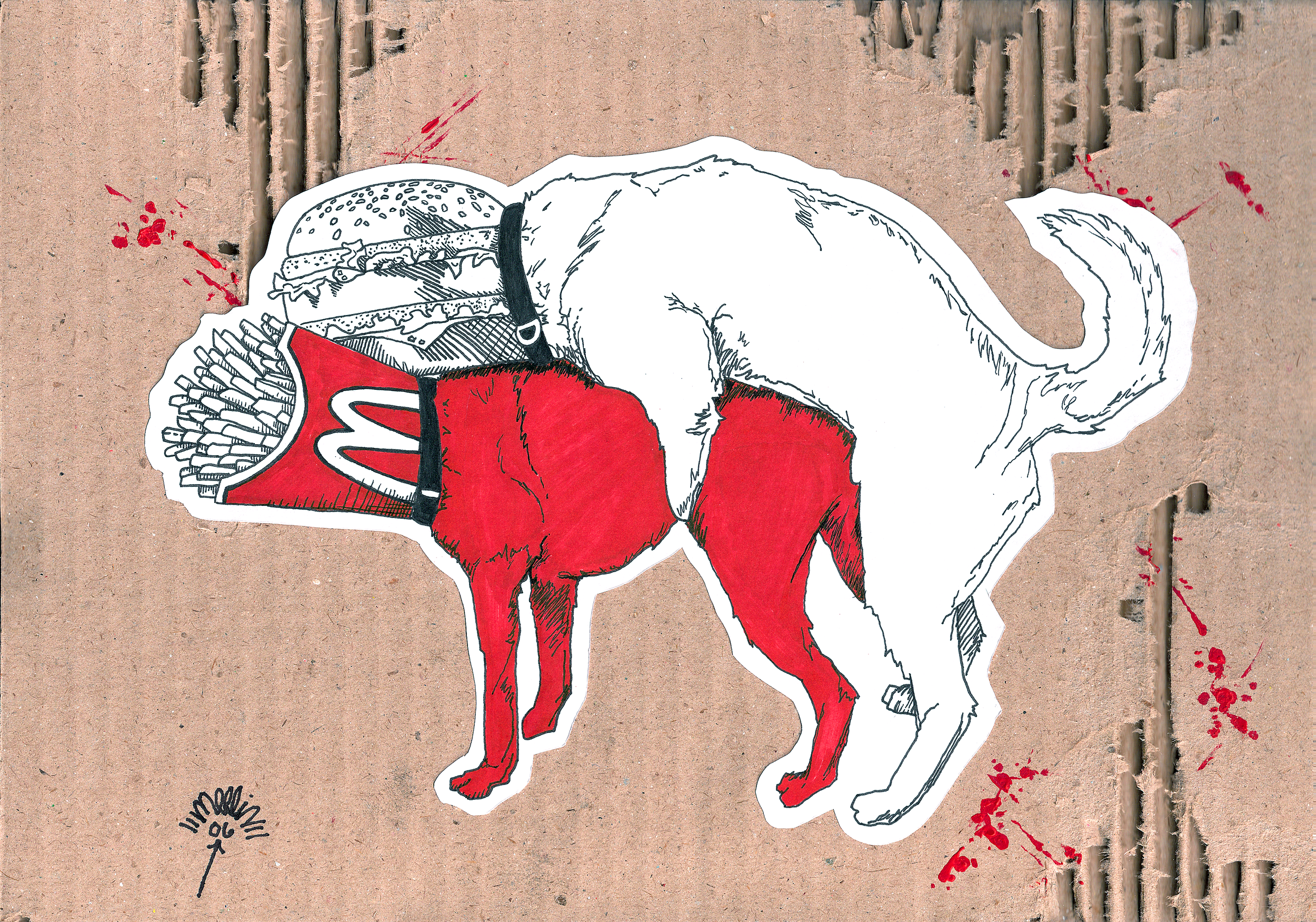 Art Title - I'm Lovin' it, Merlin Zuni, Ink line illustraion of two dogs having sex, one red dog has french fries head, the white dog has a hamburger head, with red paint splatters around it on a torn cardboard background.