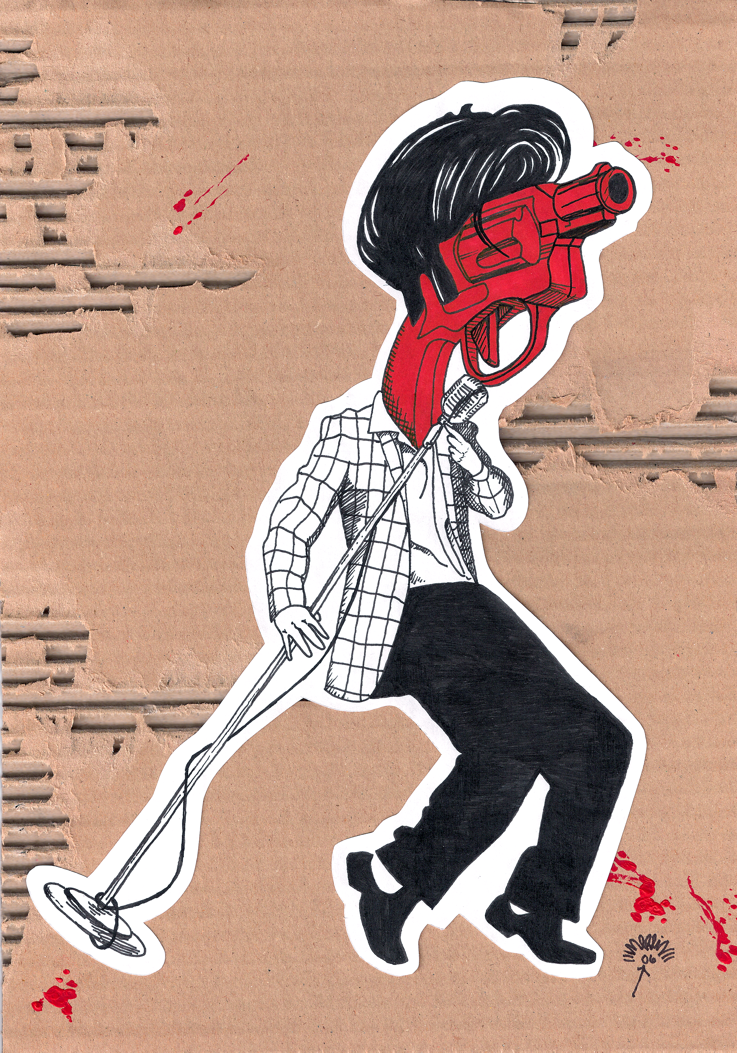 Art Title - Jailhouse shot, Merlin Zuni, Ink line illustration and mixed medium of Elvis, the pelvis, Presley with a large gun for a head, holding a micstand, with red blood splatters on a torn cardboard background.