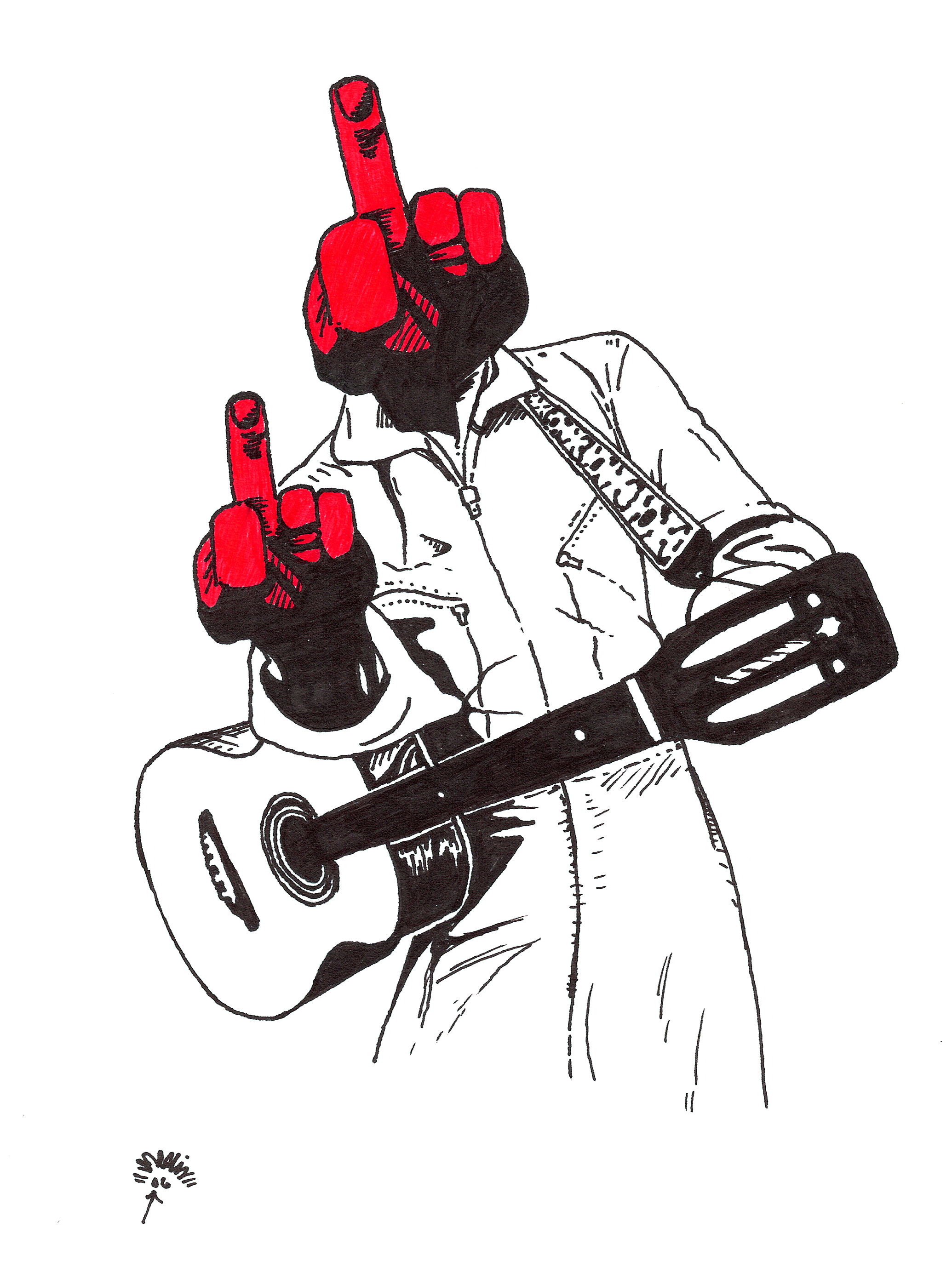 Art Title - Fuck the Line, Merlin Zuni, Ink line illustration of a Johnny Cash with a guitar, holding up the middle finger.