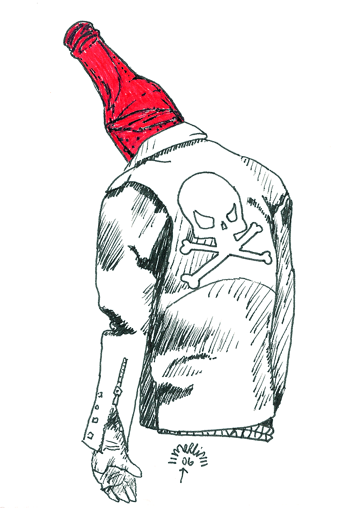 Art Title - Punk Drunk Love, Merlin Zuni, Ink line illustration of a punk wearing with a skull and crossbones design leather jacket, a red beer bottle for a head.