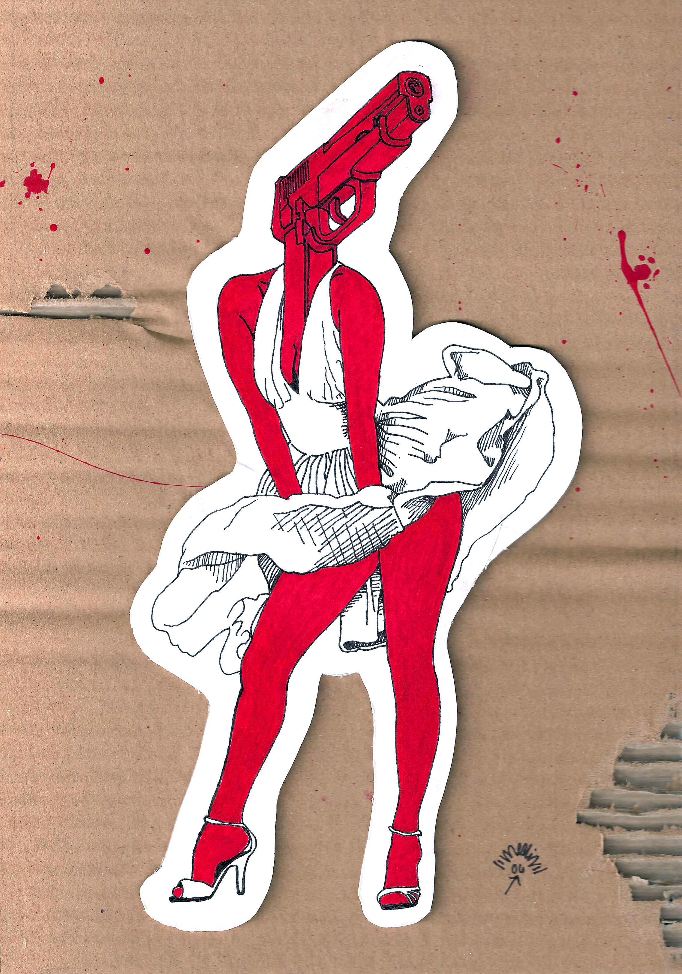 Art Title - Some like it shot, Merlin Zuni, Ink line illustration and mixed medium of actress Marilyn Monroe wearing red high heels, red tights, and white dress, with a gun for a face. The drawing is on torn cardboard with red paint splatters around.