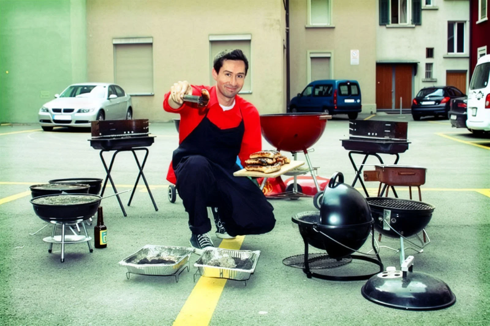 Art Title - BBG Clock, Merlin Zuni, photo of artist serving food from his Swiss BBQ clock performance to the audience