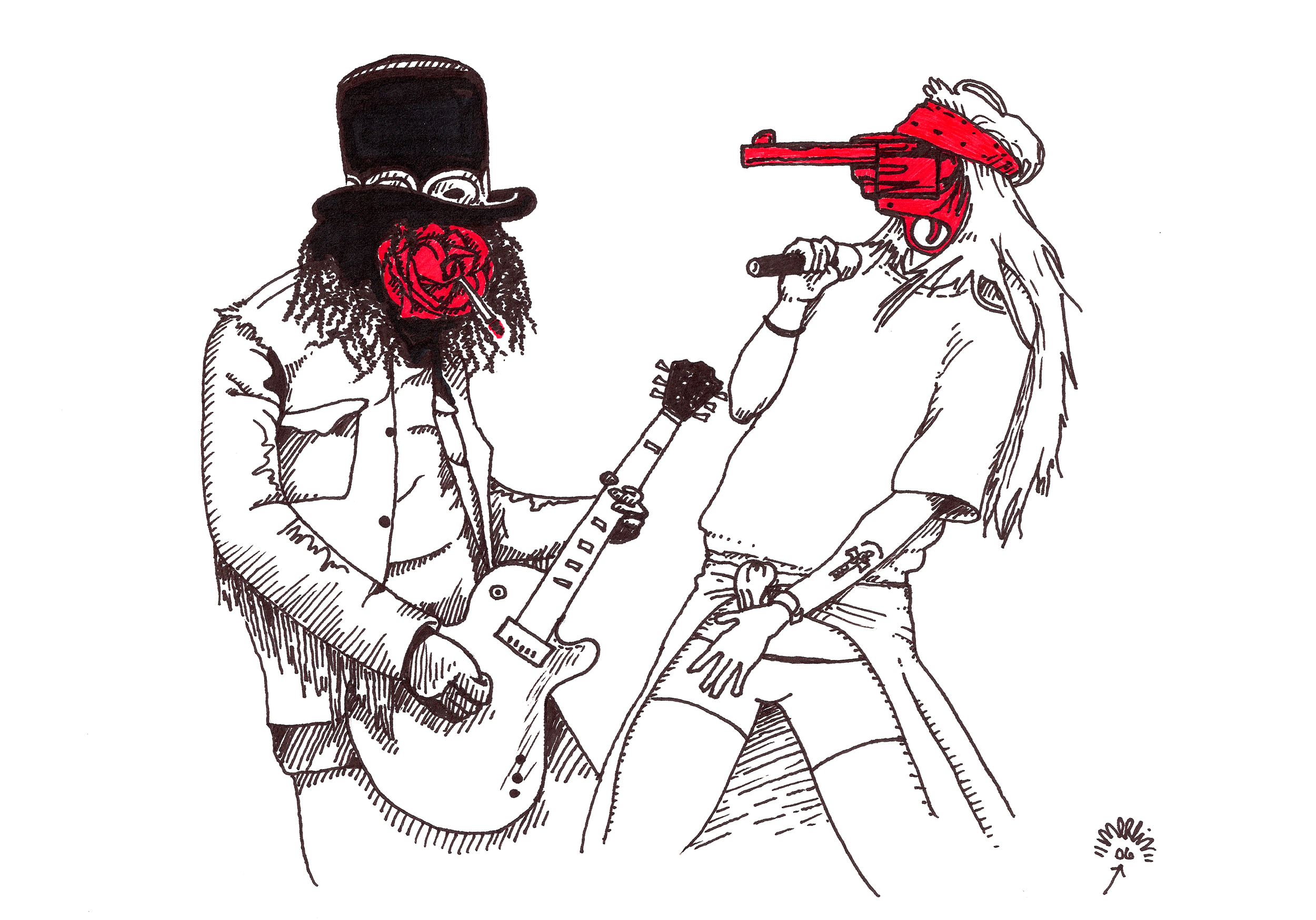 Art Title - Guns and Roses, Merlin Zuni, Ink line illustration of Slash in tall top hat and curly hair, rose face holding a guitar, and Axel has a gun face and is holding a microphone as they are both performing in the band guns and roses.