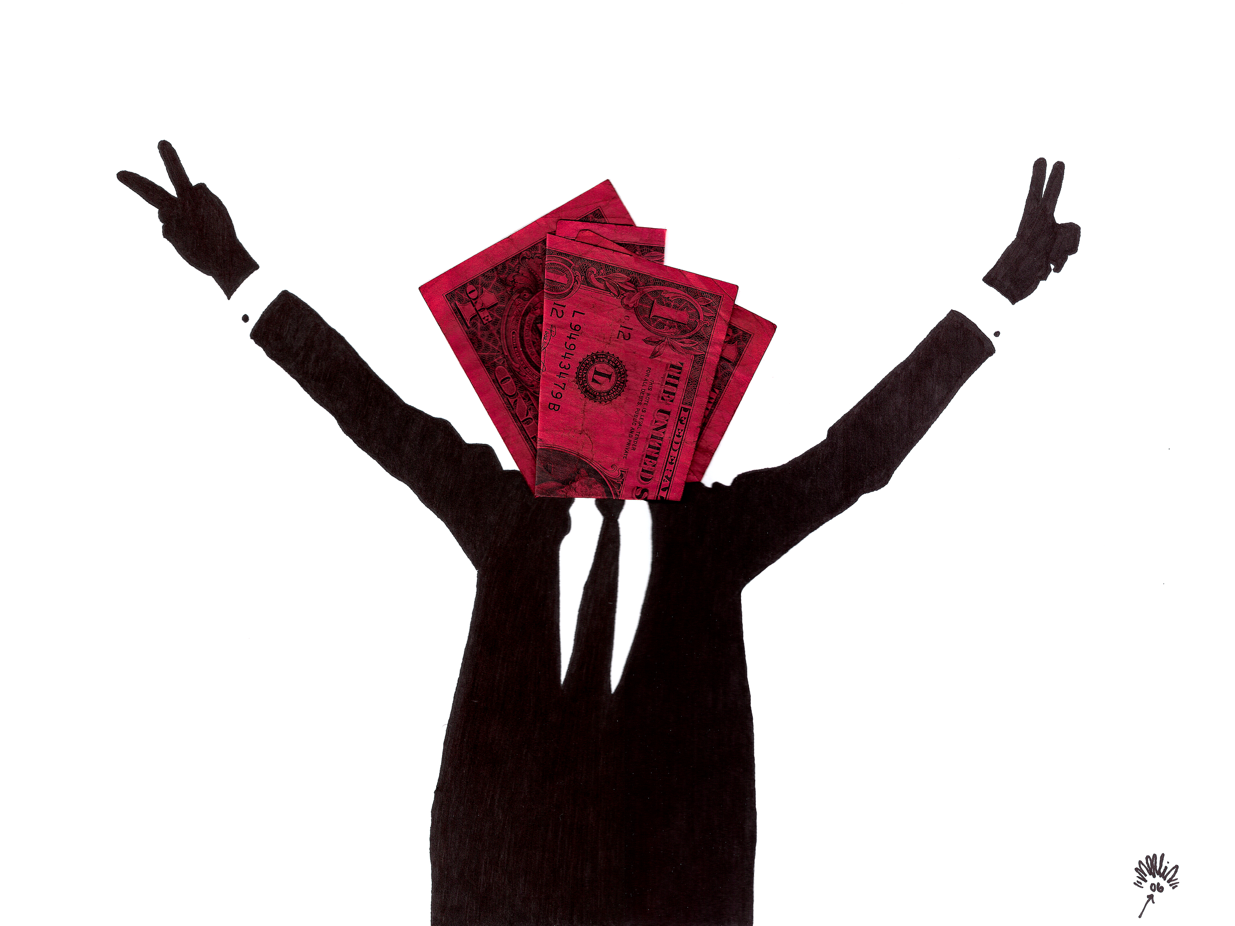 Art Title - "I am not a Crook", Merlin Zuni, Ink line illustration & mixed medium illustration of Richard Nixon with outstretched arms and red dollar bills for a face, making hand gestures peace signs in each hand as in his famous resignation speech.