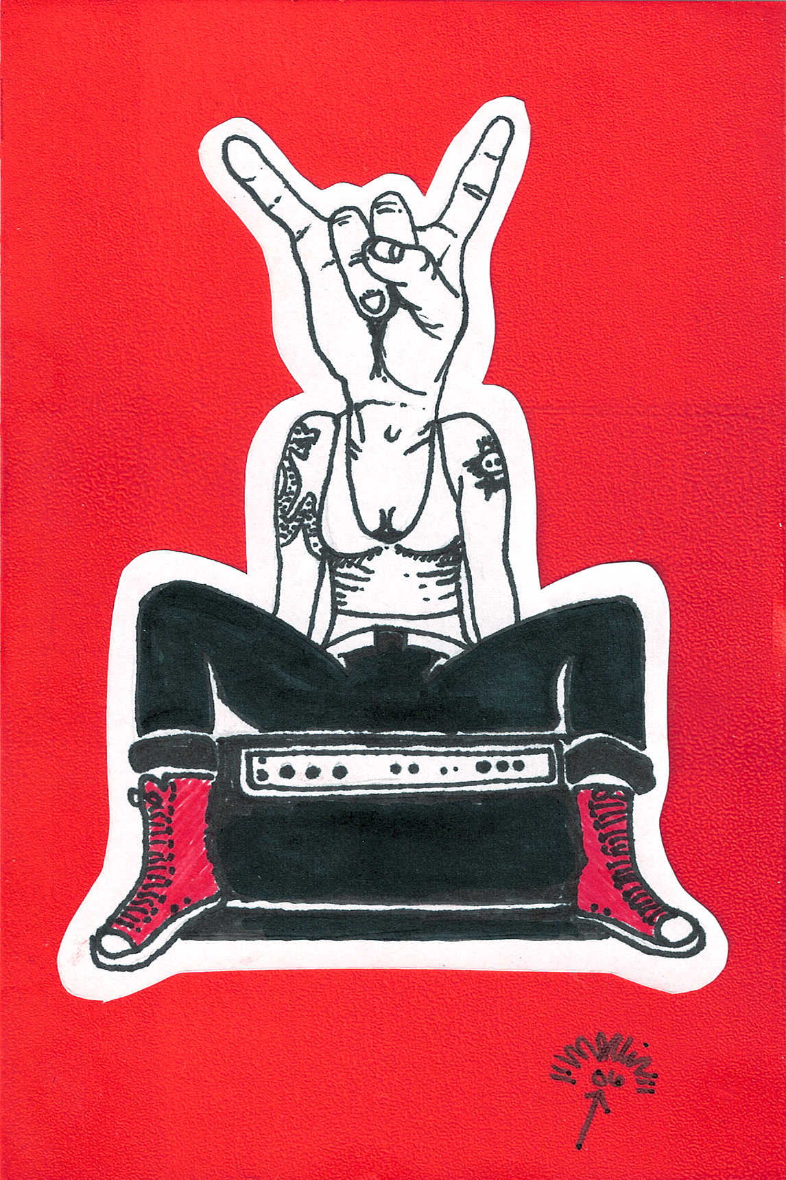 Art Title - Riot Girl, Merlin Zuni, Ink line illustration of a rocker with tattoos sitting on a speaker with a rock and roll hand gesture for a face on a red background.