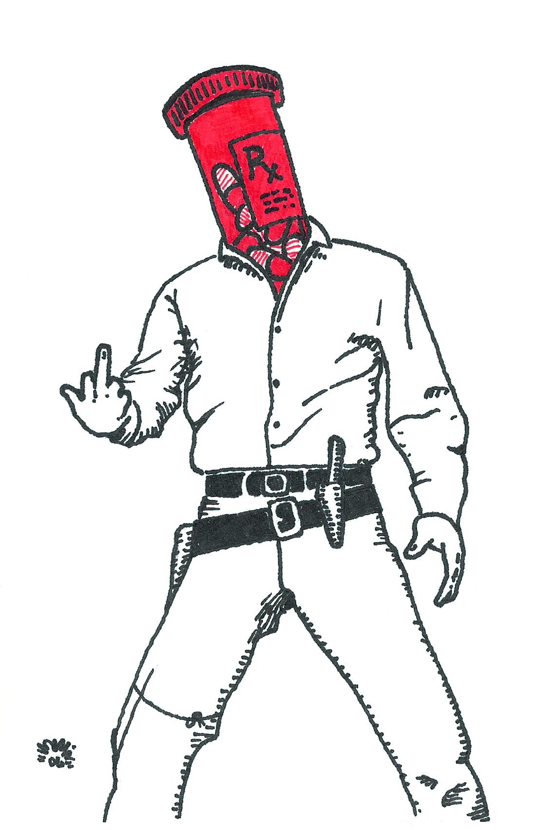 Art Title - Pill Popper, Merlin Zuni, Ink line illustration of Elvis Presley from his western film with a prescription pill case for a head, wearing a button-up shirt and jeans, making a middle finger gesture.