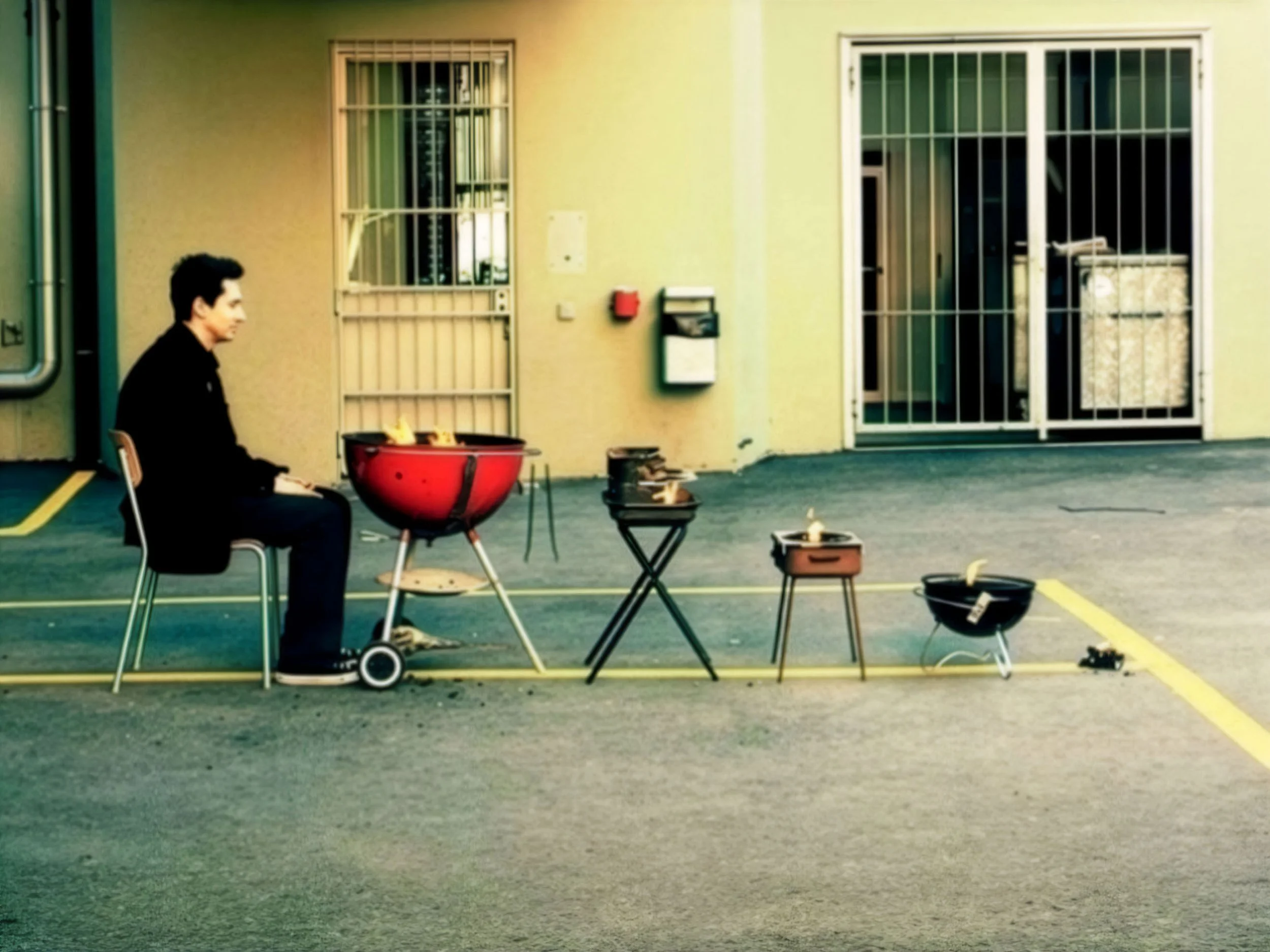 Art installation recreating the evolution of man but with BBQ as the context. Merlin Zuni sitting on a chair outside a building in front of fire progressively scaling into a modern BBQ grill.