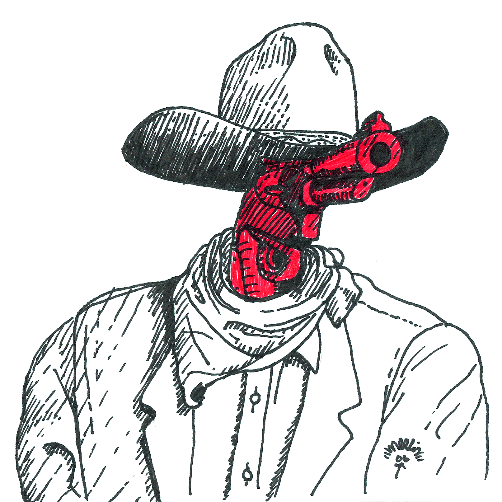 Art Title - The Duke, Merlin Zuni, Ink line illustration of cowboy John Wayne wearing a wide-brimmed hat, a neckerchief, and a jacket with a flower badge, with a red revolver for a face.
