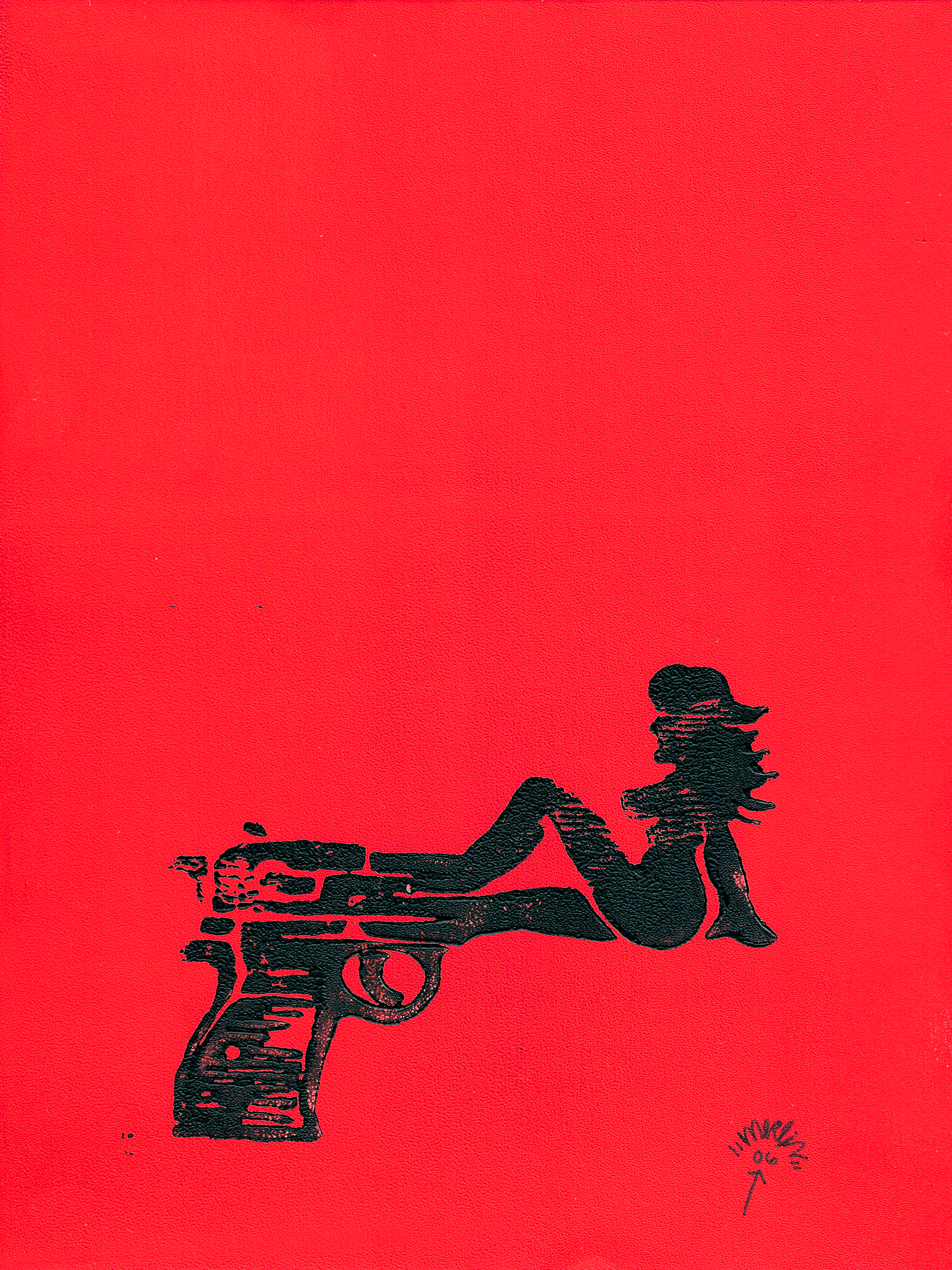 Art Title - Sex and Violence, Merlin Zuni, block carving print on paper, A black silhouette of a revolver pistol with a woman on a red background.
