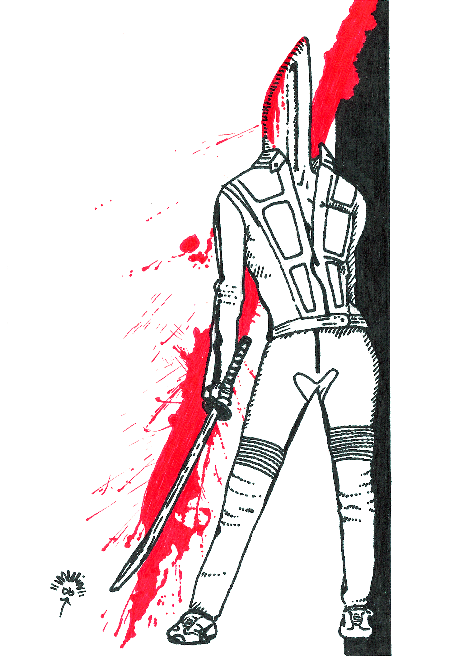 Art Title - Kill Kill, Merlin Zuni, Ink line illustration of a Beatrix Kiddo with her motorcycle suit and sneakers, stabbing a black wall with a large sword that has blood dripping from it, with red splattered on the ground.
