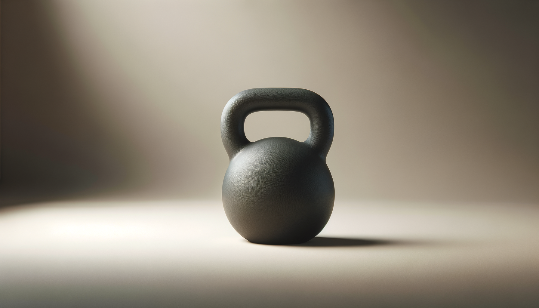 A black kettlebell on a beige surface with a blurred neutral background.