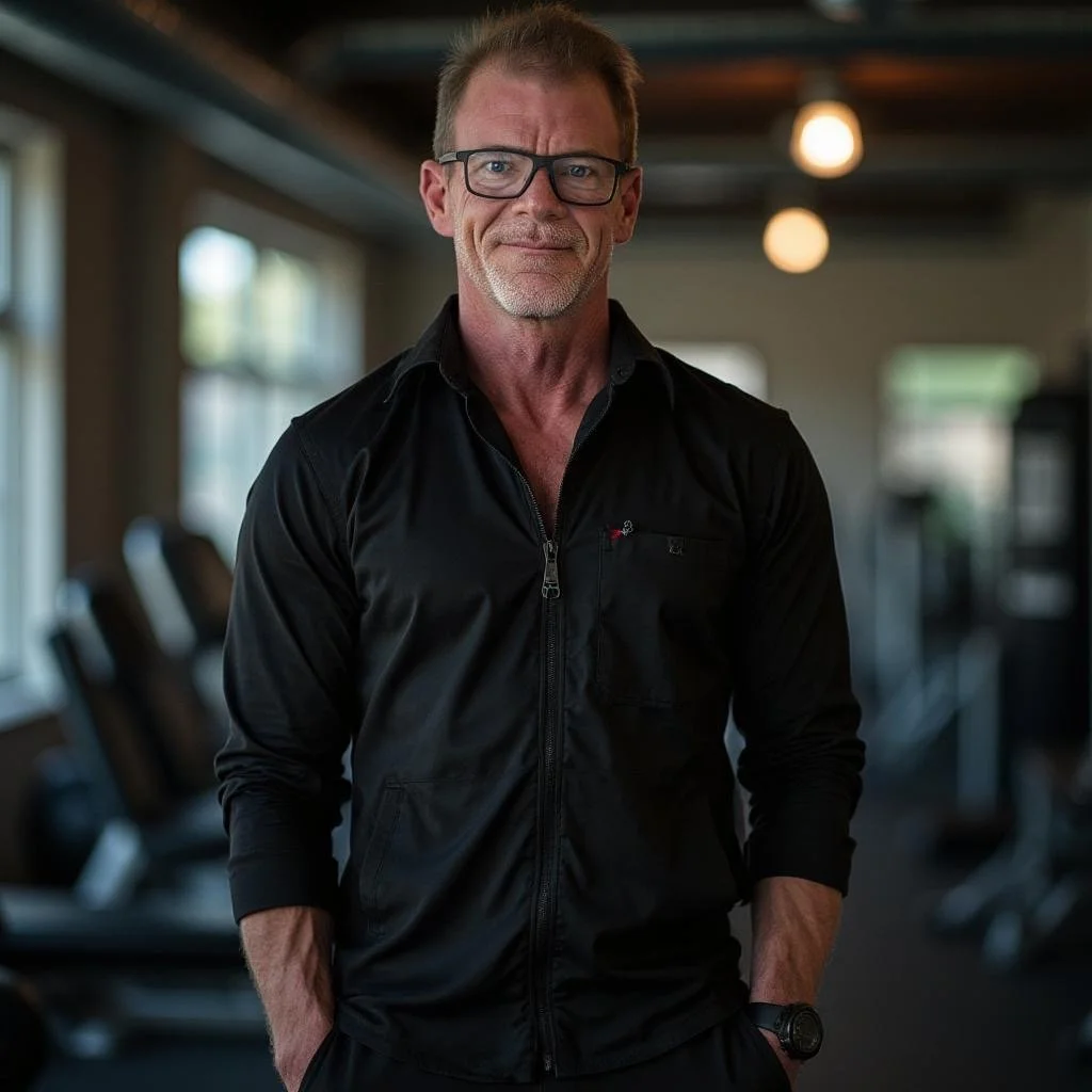 A middle-aged man with glasses, short brown hair, and a gray beard is wearing a black zip-up jacket. He stands indoors in a room with large windows and blurry exercise equipment in the background, smiling slightly at the camera.