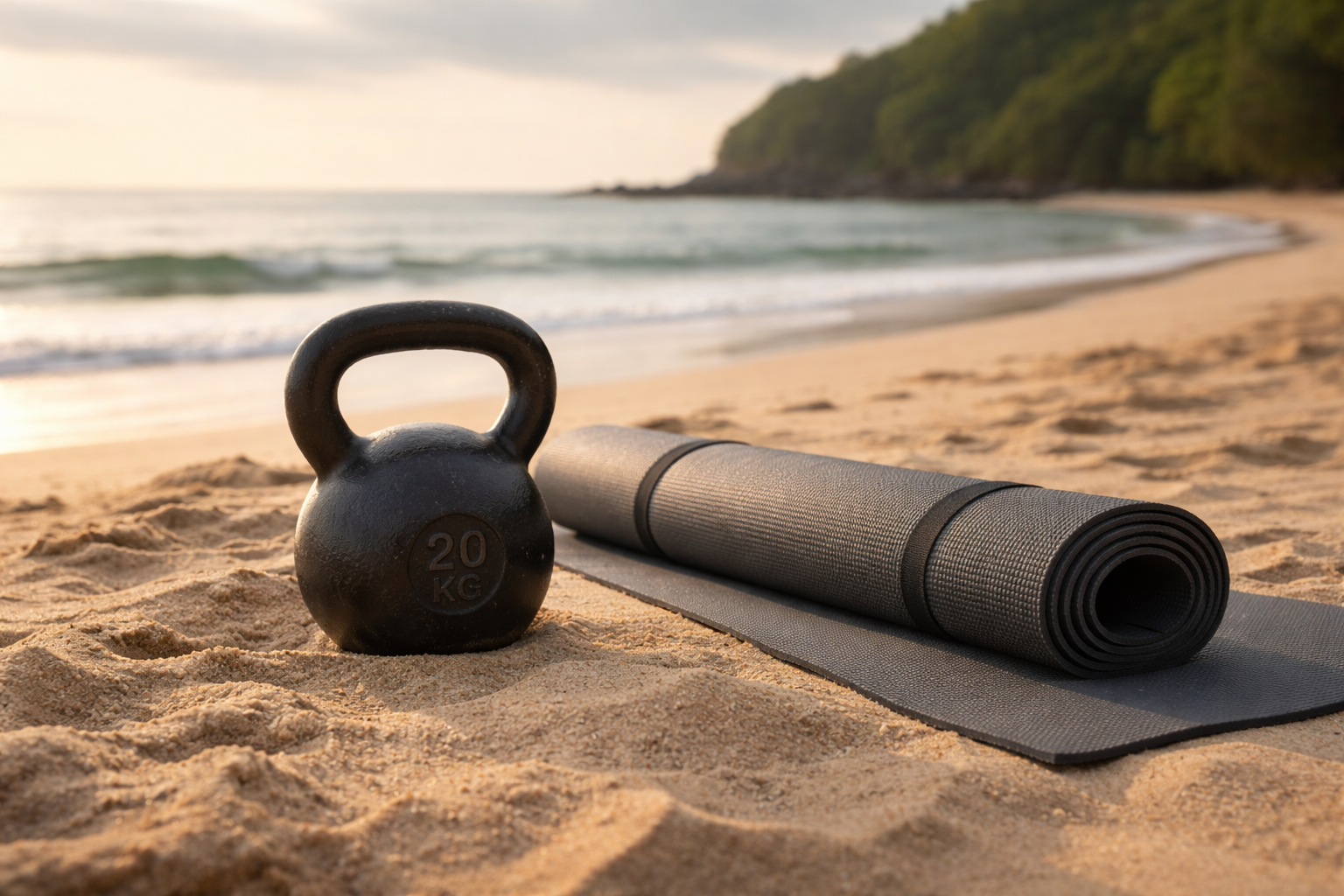 Kettlebell, yoga mat, and rolled-up exercise mat on sandy beach near ocean with trees in background, during sunset