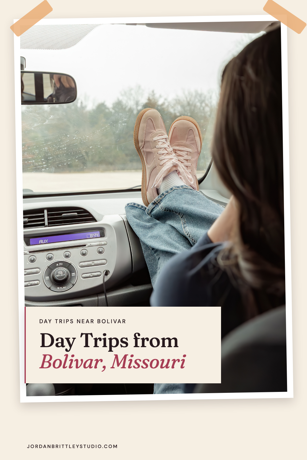 Day trips from Bolivar, Missouri graphic with a photo taken inside a car.