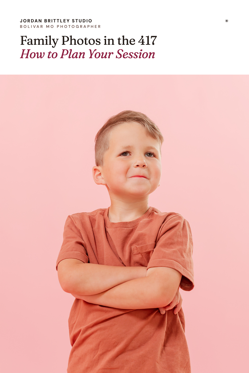 Pinterest graphic for Family Photos in the 417: How to Plan Your Session with a young boy in the studio.