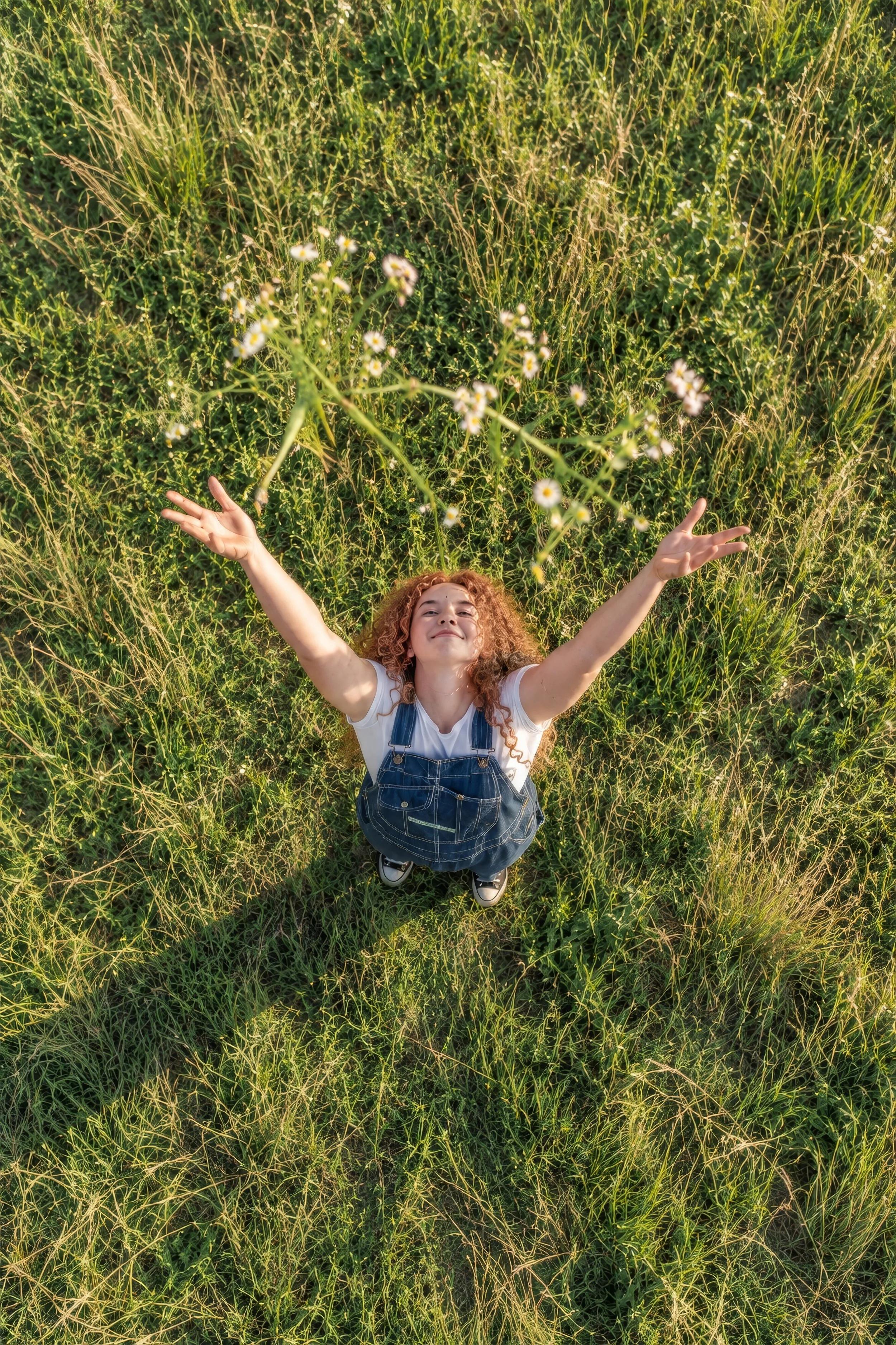 Raised arms surrounded by tall grass, drone senior pictures in Bolivar MO