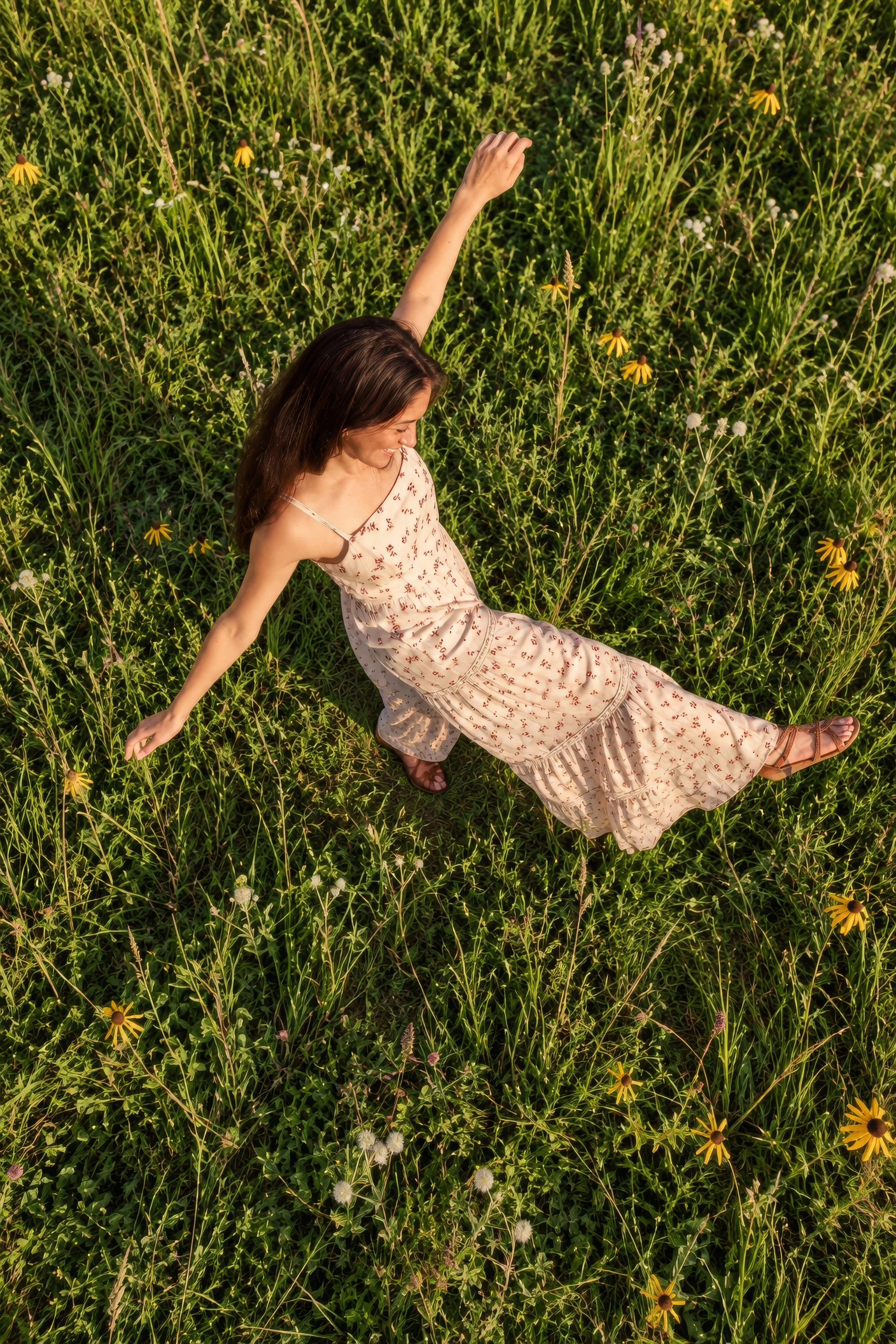 Overhead view of a dress spread across grass, drone senior pictures in Bolivar MO