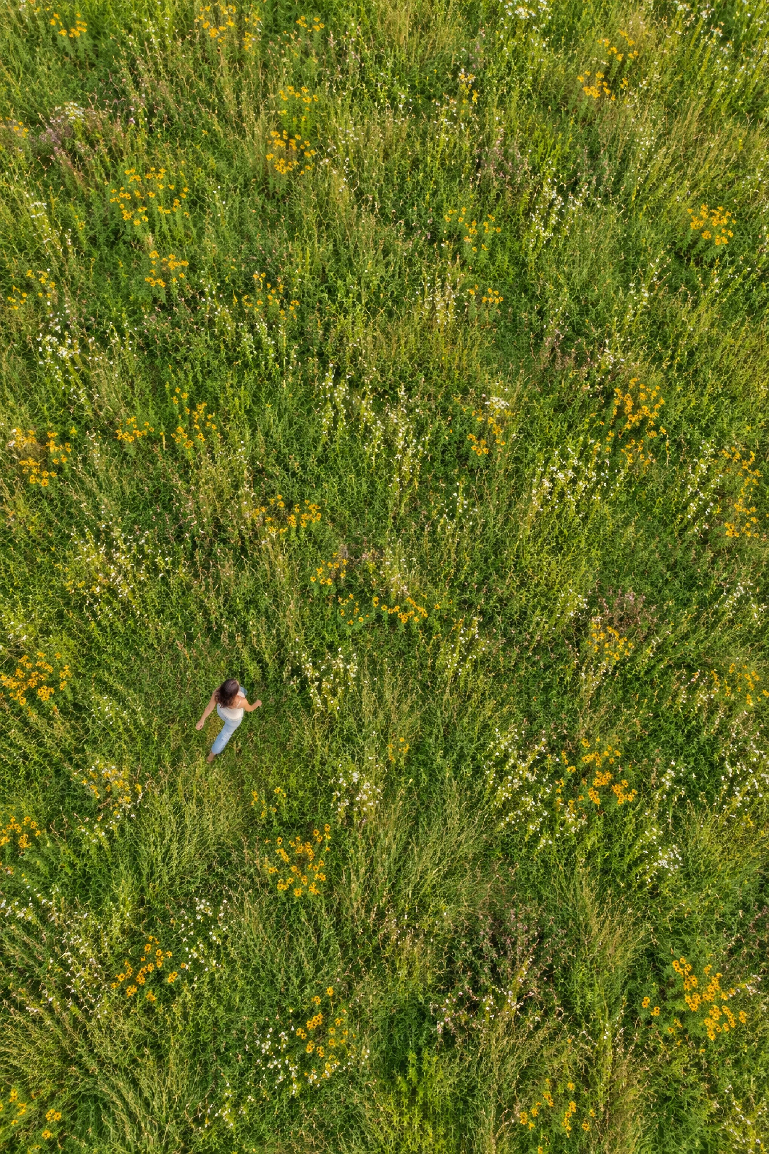 High overhead view of a white outfit in a grassy field, drone senior pictures in Bolivar MO