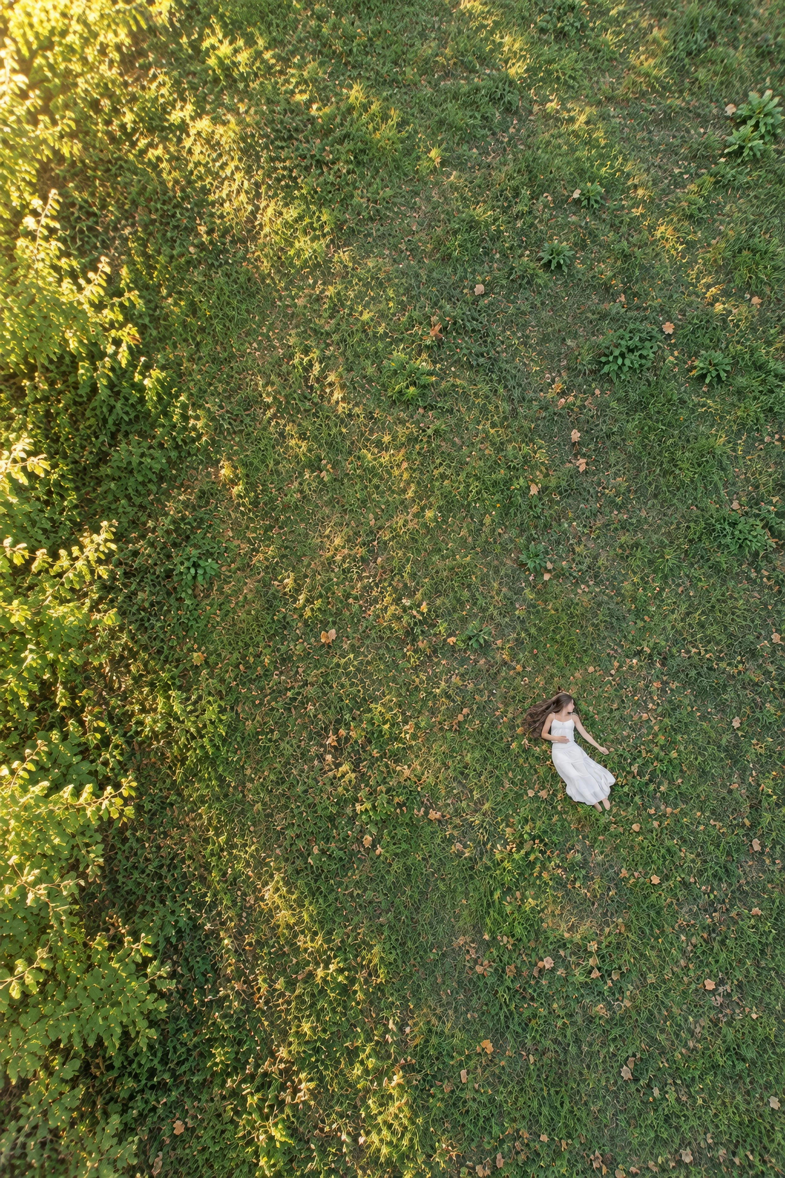 Distant overhead portrait near trees and grass, drone senior pictures in Bolivar MO