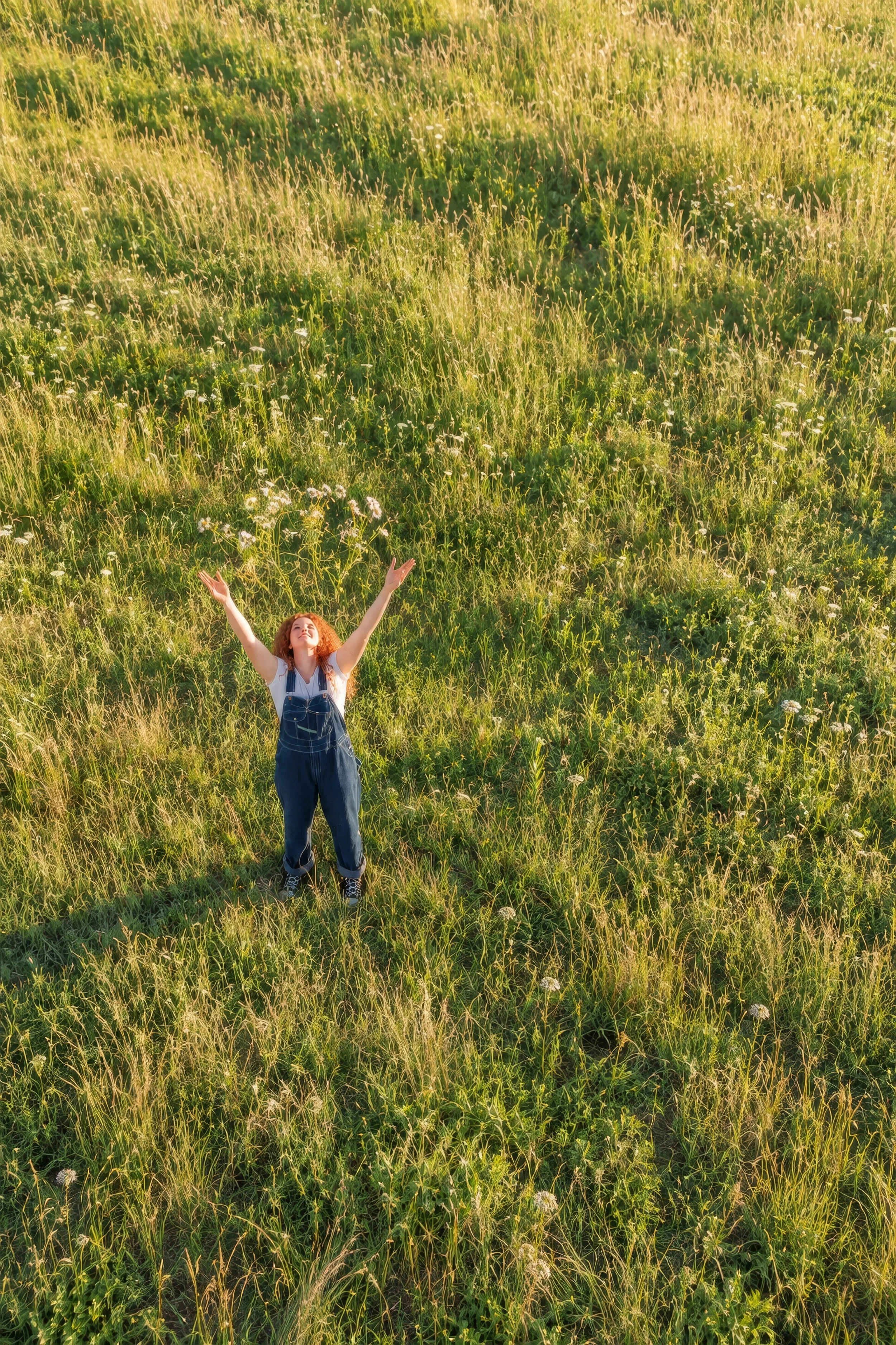 Wide field view of raised arms in an overalls outfit, drone senior pictures in Bolivar MO