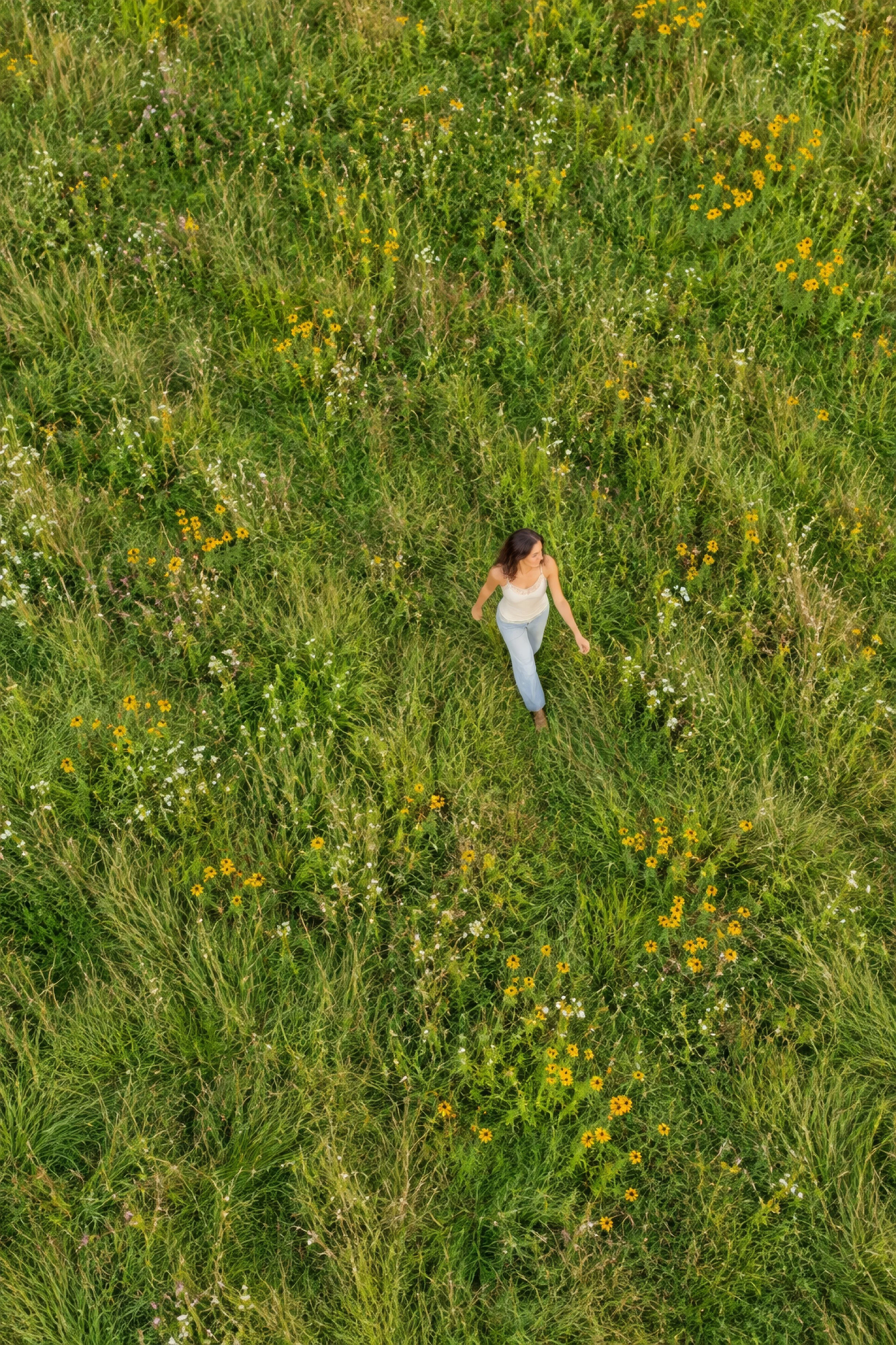 Distant view of a white outfit in tall grass, drone senior pictures in Bolivar MO