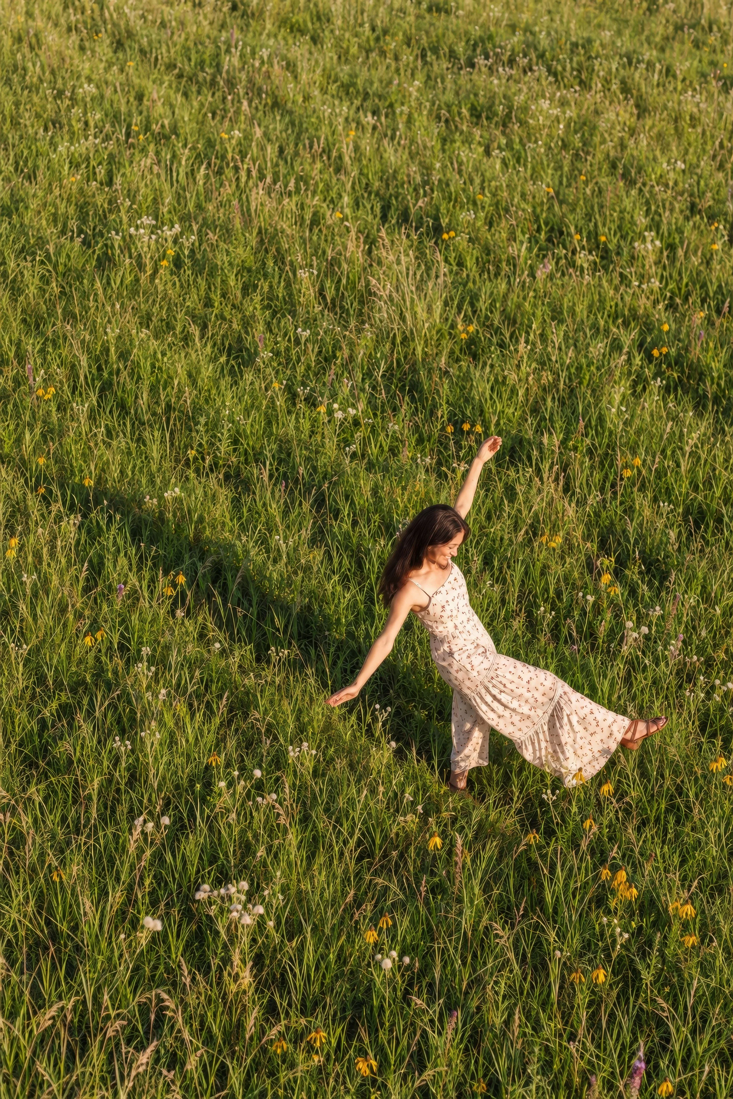 Wide overhead view of a patterned dress in a field, drone senior pictures in Bolivar MO
