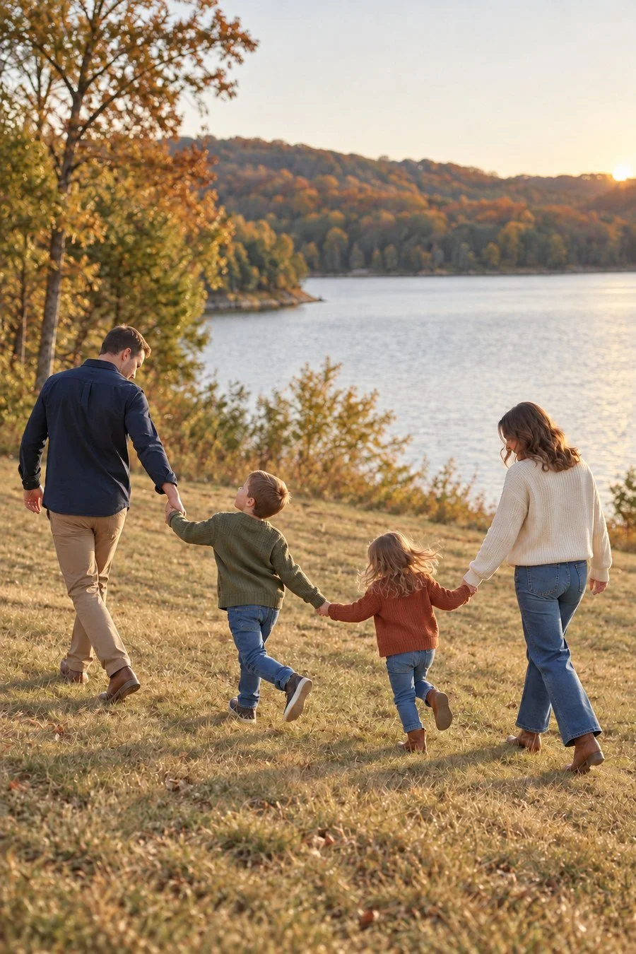 Family holding hands with uneven skipping steps on grass beside a lake.