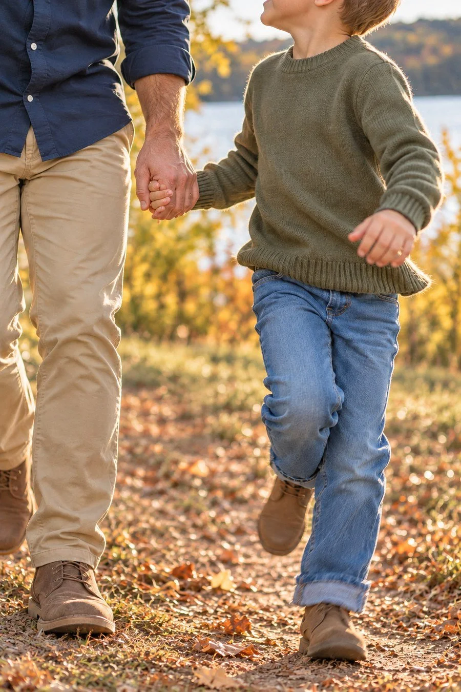 Close view of a child skipping while holding his father’s hand.