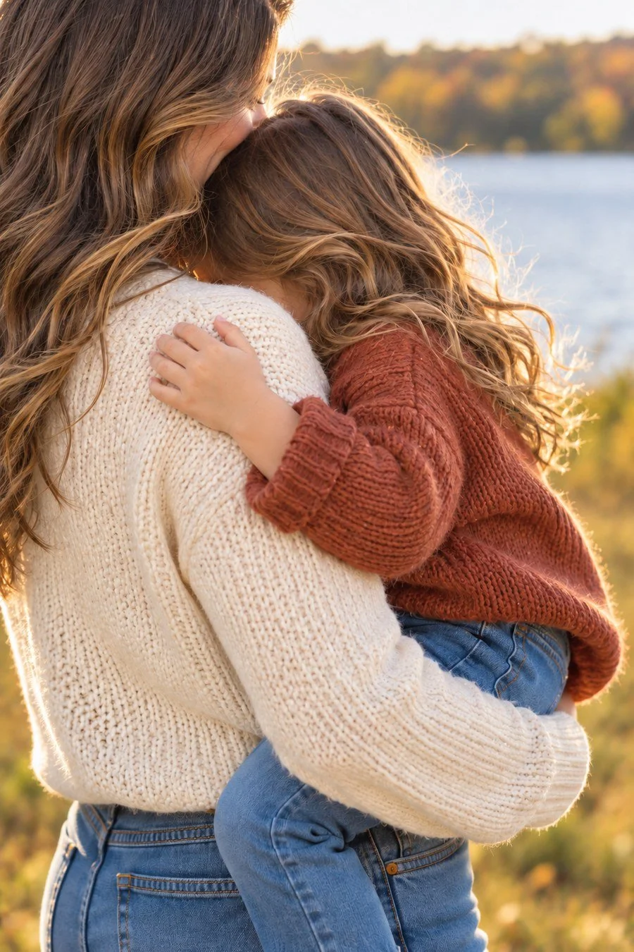 Child resting against her mother’s shoulder with one small hand on a cream sweater.