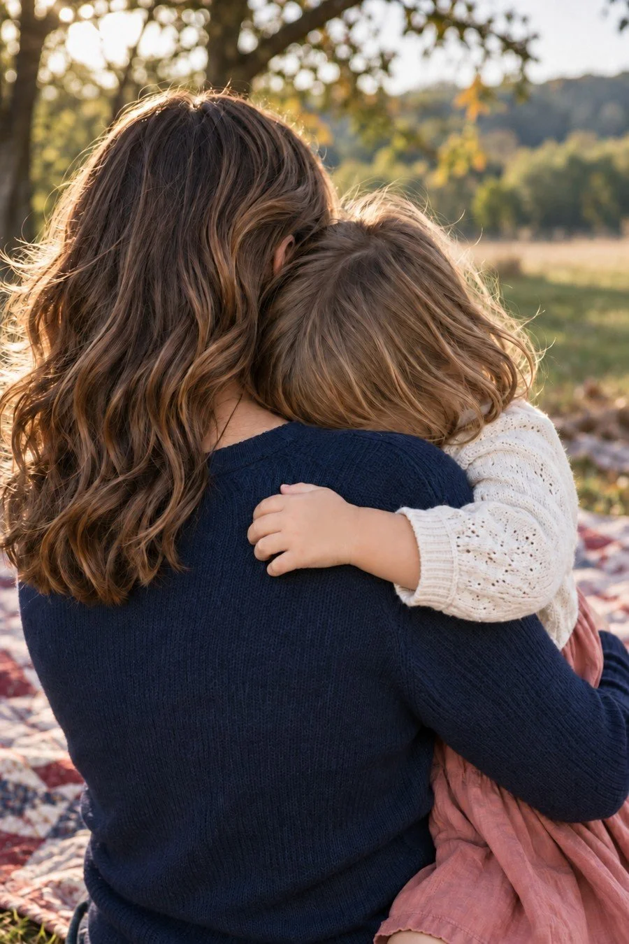 A mother holds her youngest child close at a fall picnic.