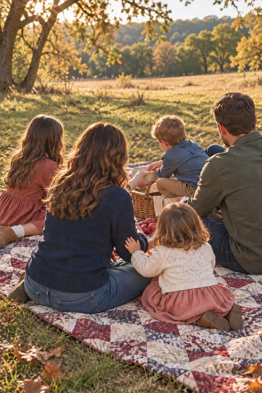 Two parents and three children share snacks on a picnic quilt.