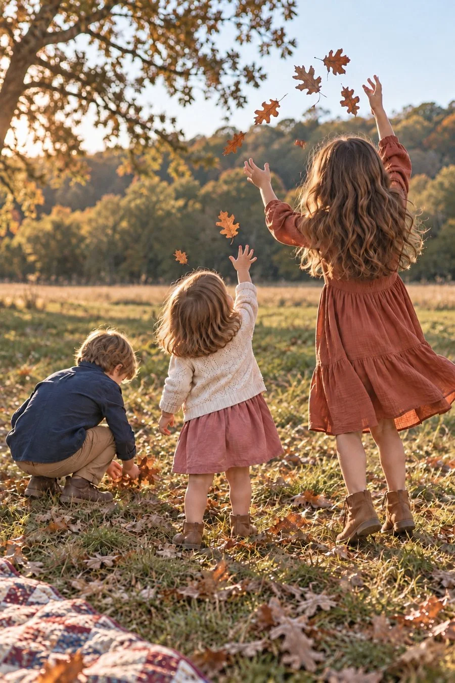 Three children play with fallen leaves in golden-hour light.