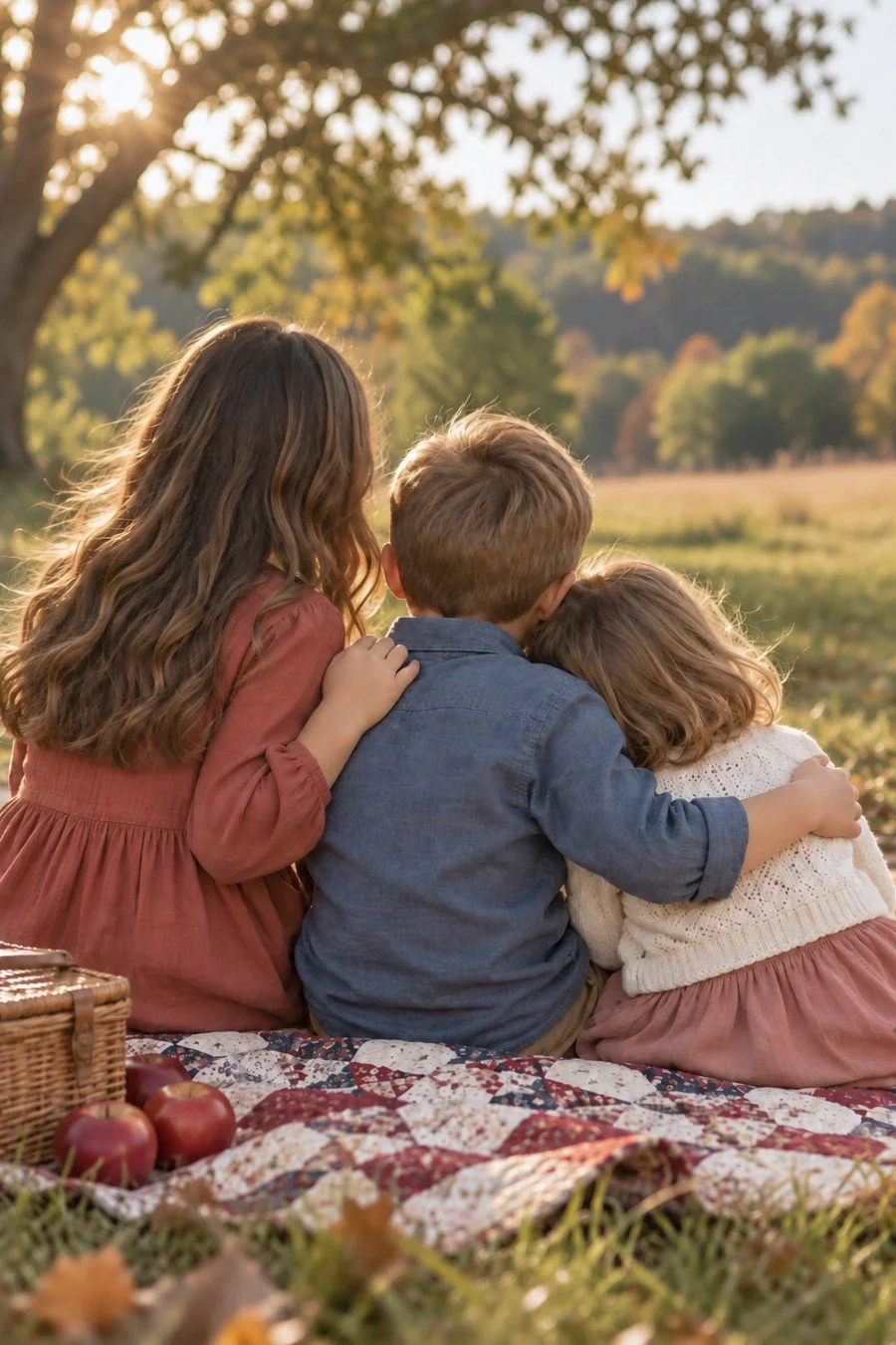 Three siblings sit close together on a patchwork quilt.