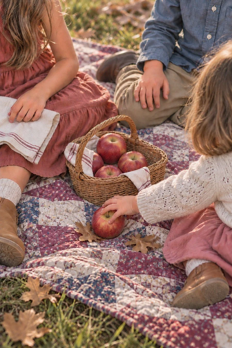 A child reaches for an apple beside a picnic basket on a patchwork quilt.