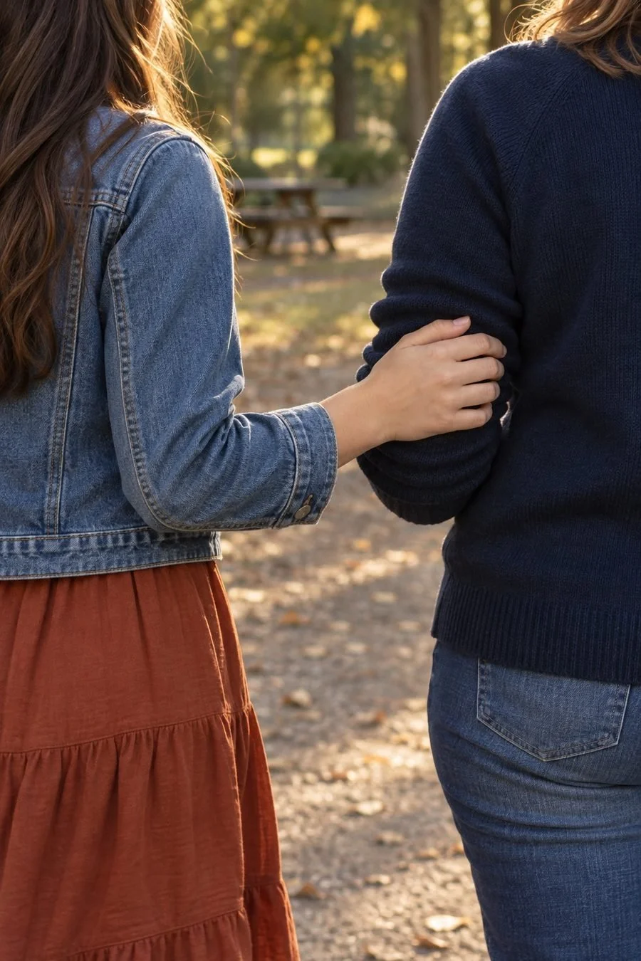 A teen links her denim-clad arm with her mother in a navy sweater in golden light.