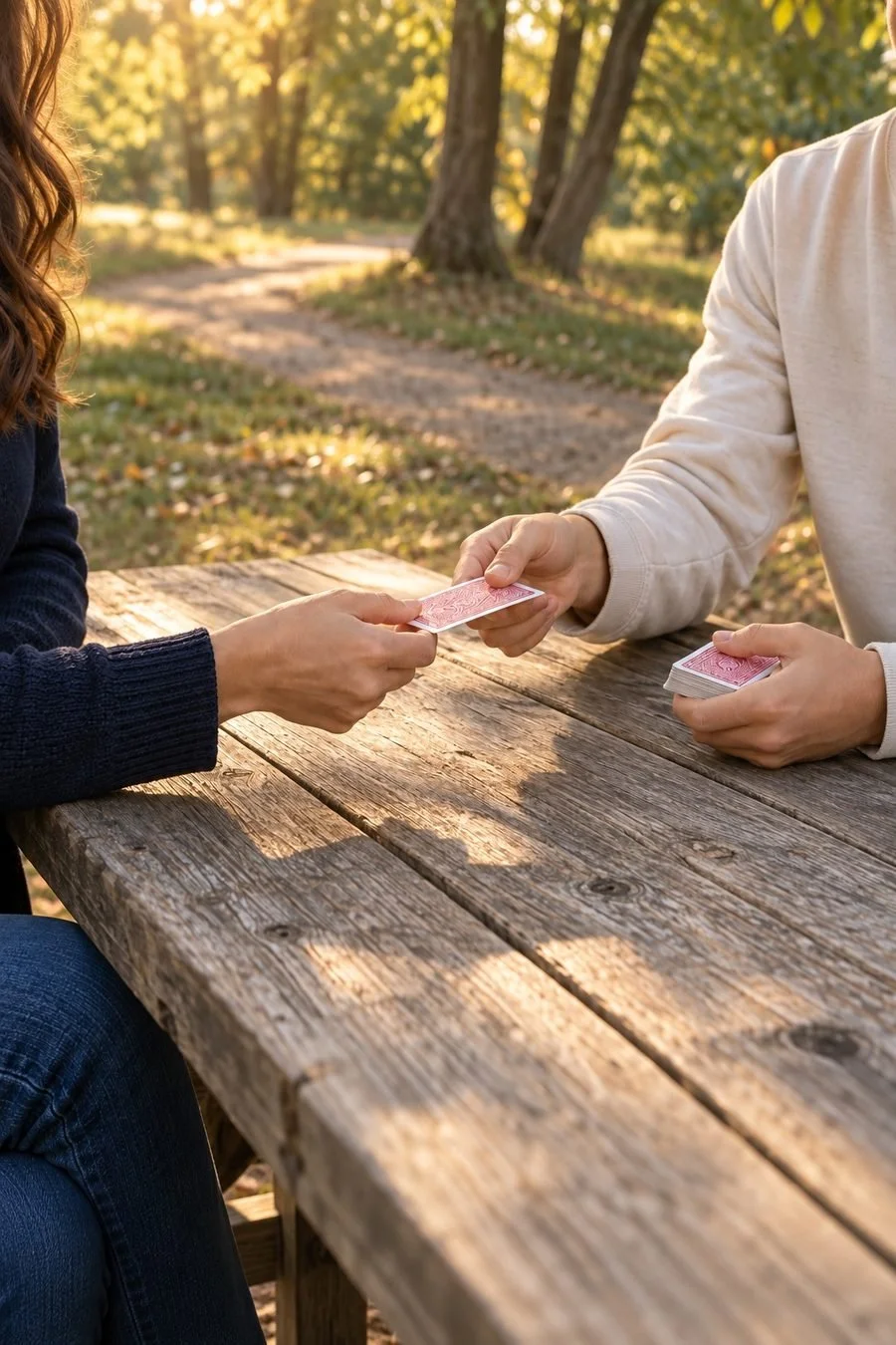 A teen and parent pass a red-backed playing card across a picnic table in golden light.