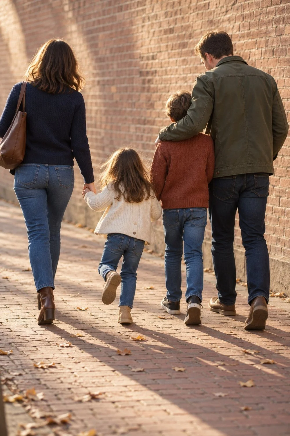 A family walking together beside a brick wall, seen from behind.