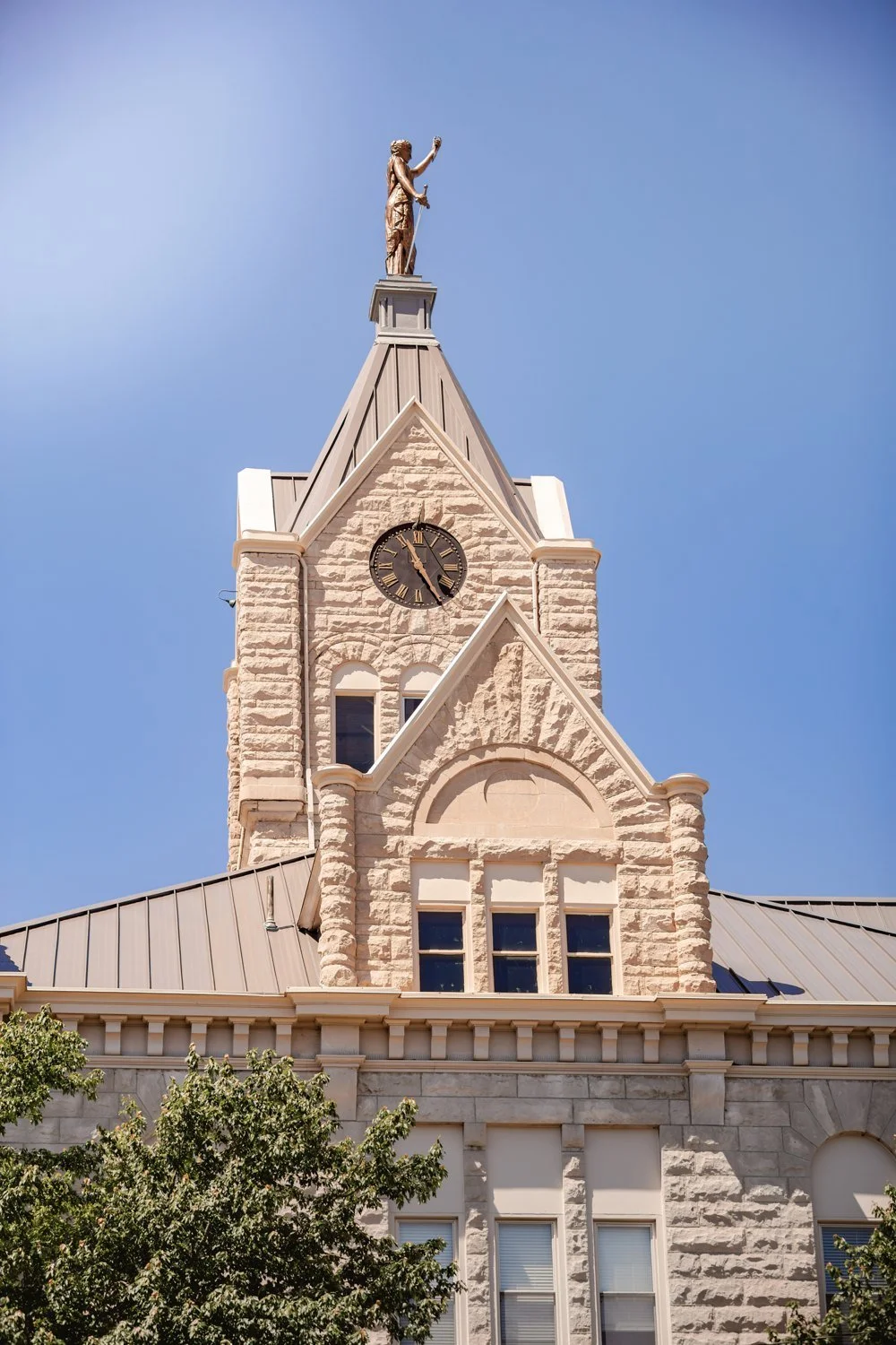 The Polk County Courthouse clock tower in Bolivar, Missouri.