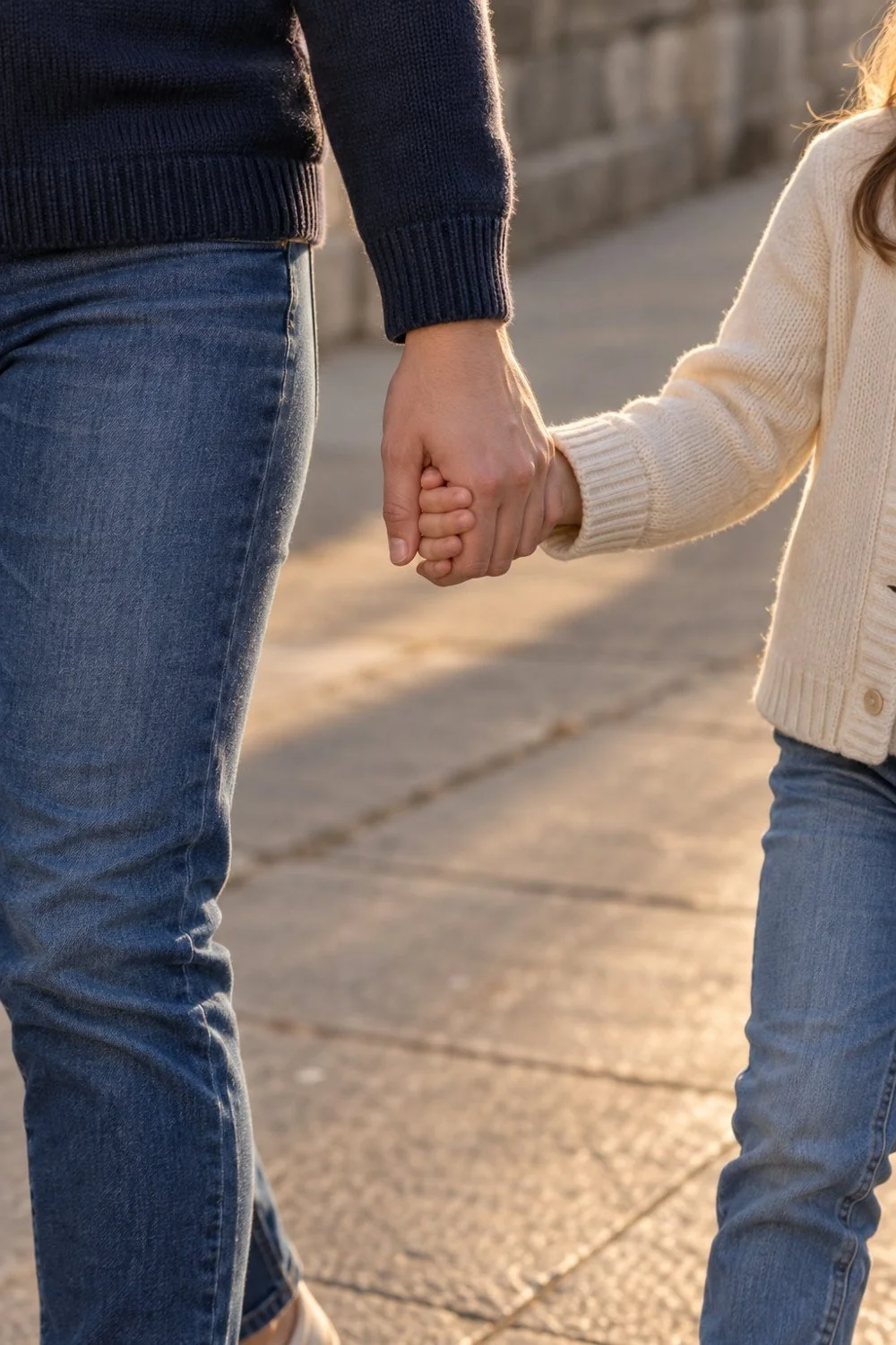 A parent and child holding hands beside navy and cream knit cuffs.