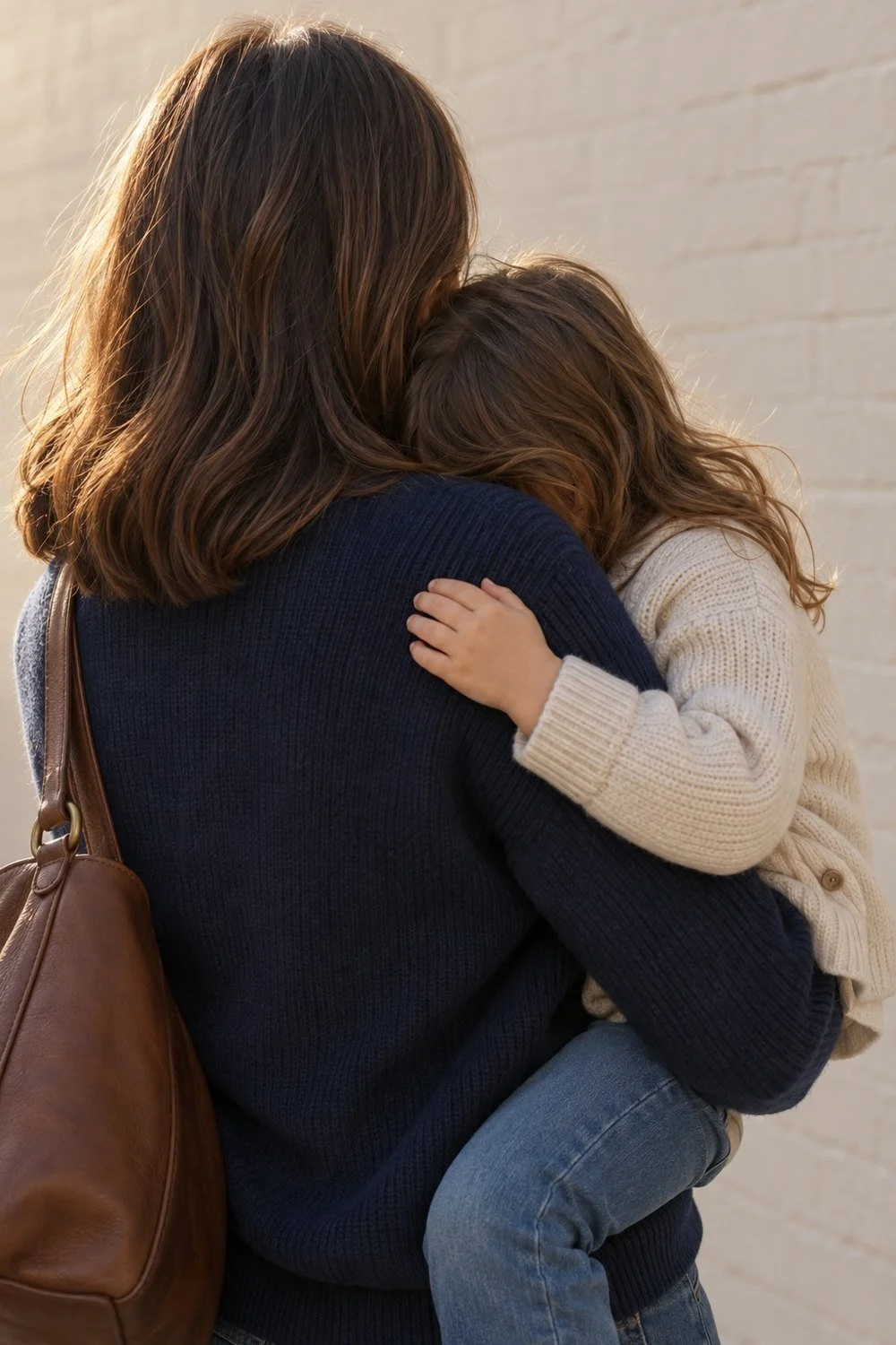 A child resting against a parent’s shoulder with a hand on a navy sweater.