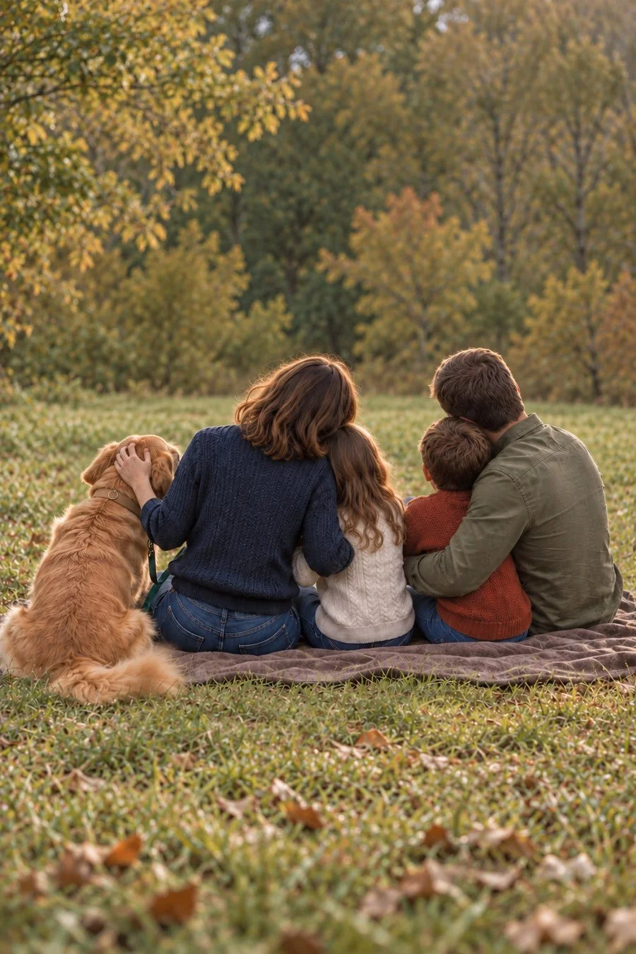 Parents and children leaning close on a blanket, with their golden retriever beside them.