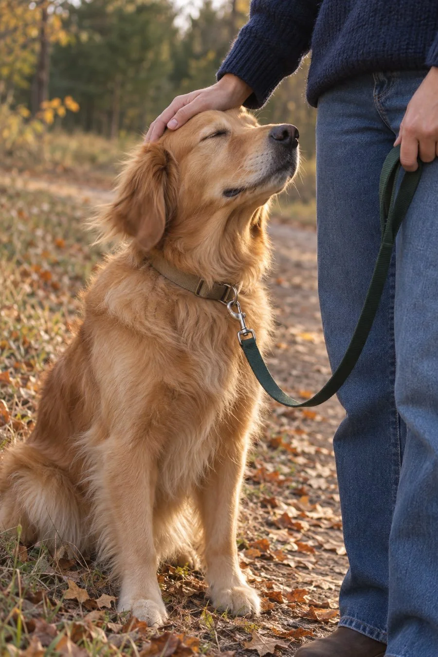 A golden retriever leaning into a hand resting on its head, with a green leash clipped to its collar.