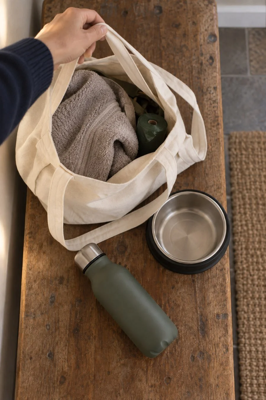 A canvas tote with a towel and waste bags beside a dog bowl and water bottle.