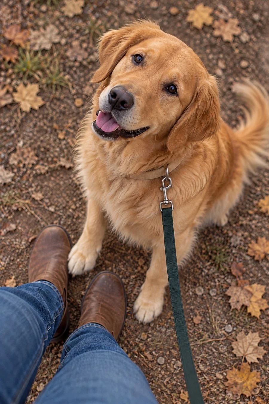 A golden retriever looking up beside brown boots, with one paw close to a boot.
