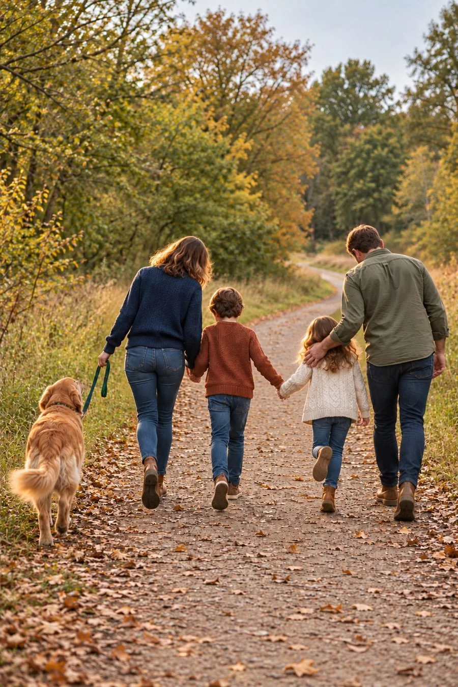A family holding hands while walking with their golden retriever on an autumn path.