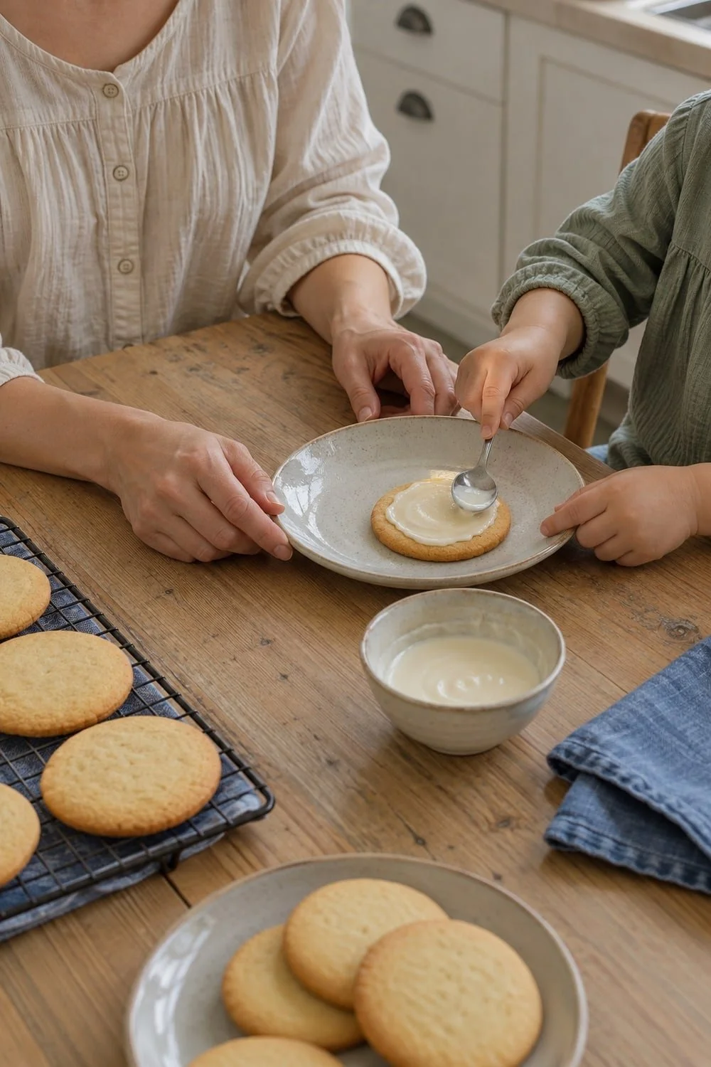 A parent and child spreading icing on baked cookies at a kitchen table.
